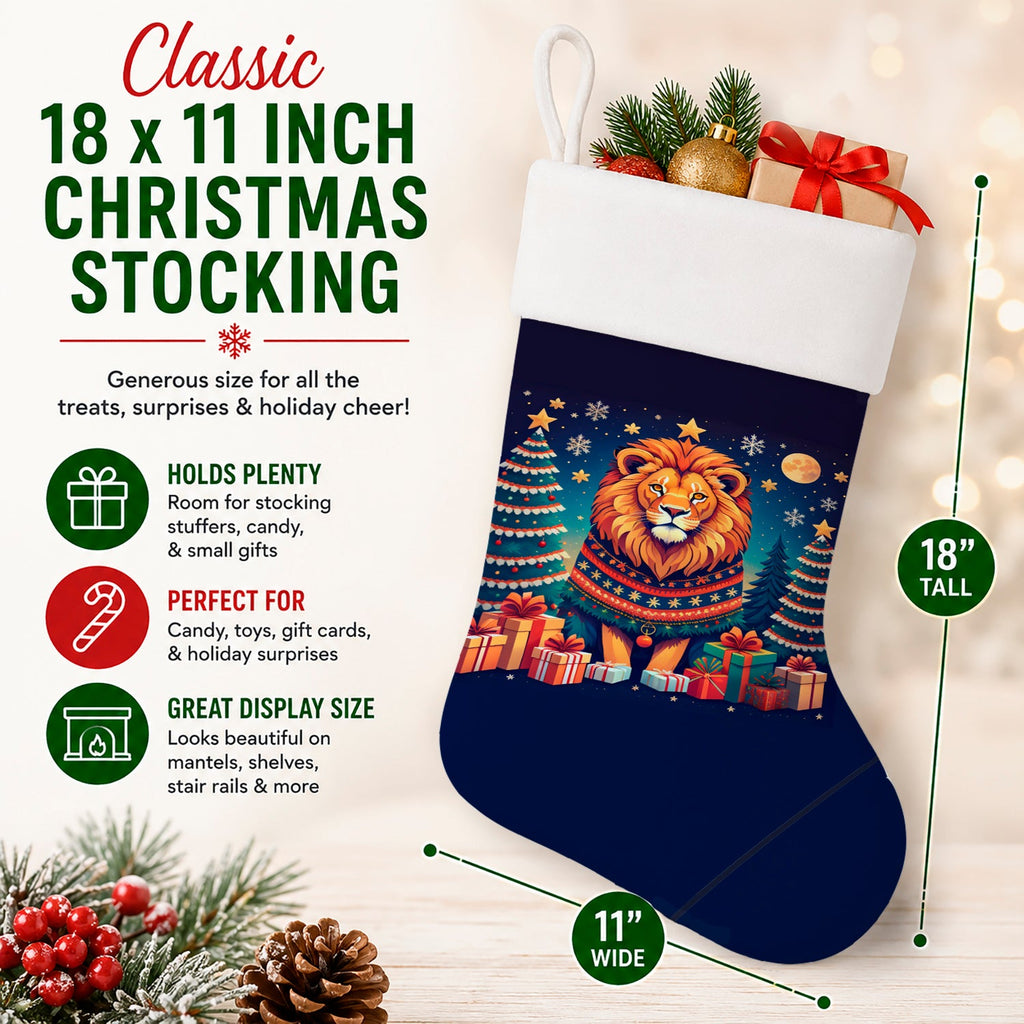 Lion Christmas Holiday Stocking Double-Sided Print, Polyester Suede,11x18, Made in USA