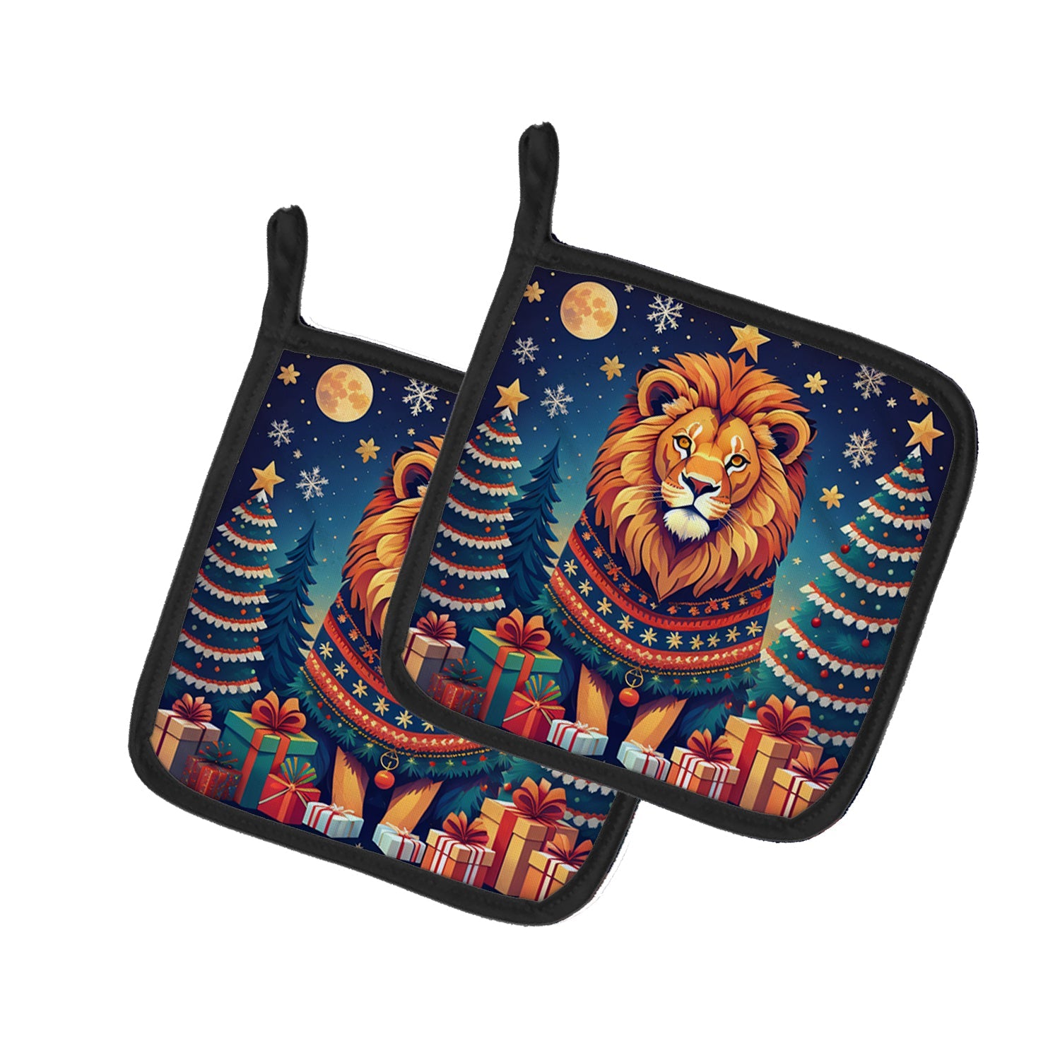 Lion Christmas Pot Holder Set of 2 Heat Resistant Quilted Hot Pads 7.5 x 7.5 Inch, Insulated Kitchen Trivets for Cooking & Baking