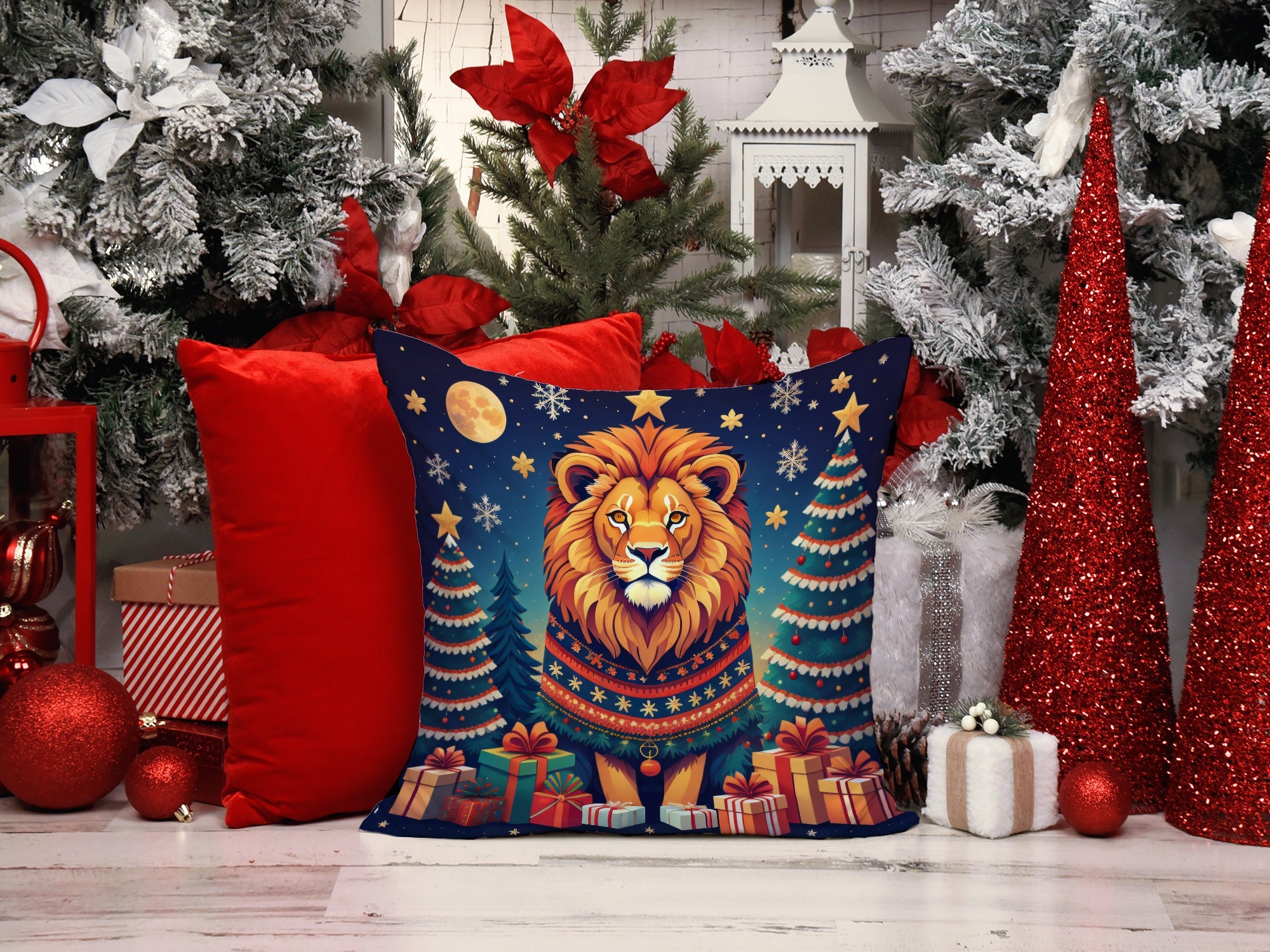 Lion Christmas Decorative Throw Pillow 14x14 Indoor Outdoor Accent Cushion, Fabric Cover with Insert for Sofa, Bed, Porch & Living Room