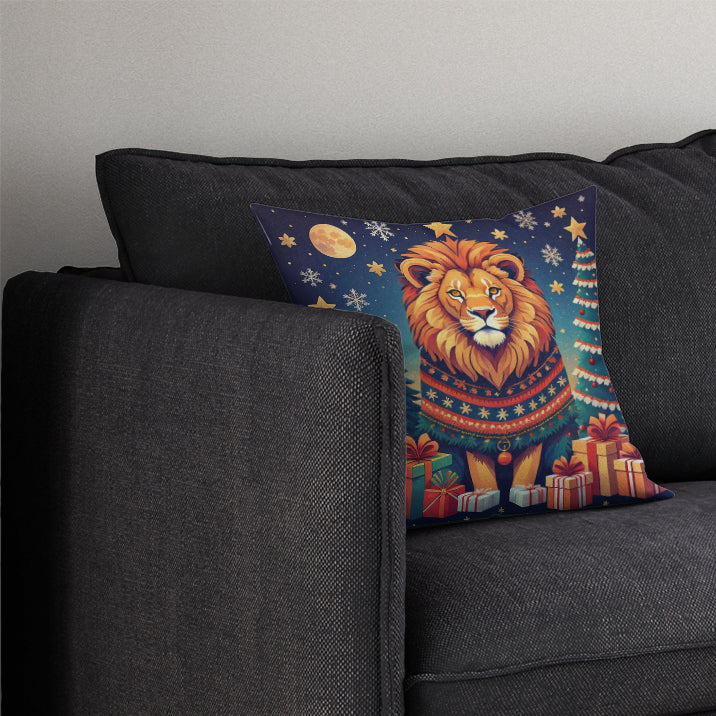 Lion Christmas Decorative Throw Pillow 14x14 Indoor Outdoor Accent Cushion, Fabric Cover with Insert for Sofa, Bed, Porch & Living Room