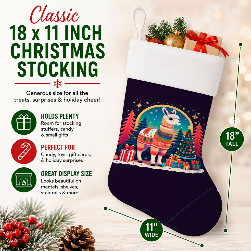 Llama Christmas Holiday Stocking Double-Sided Print, Polyester Suede,11x18, Made in USA