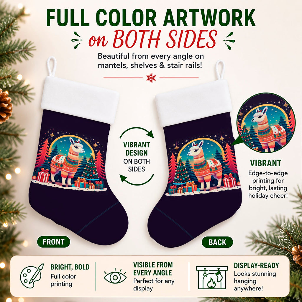 Llama Christmas Holiday Stocking Double-Sided Print, Polyester Suede,11x18, Made in USA