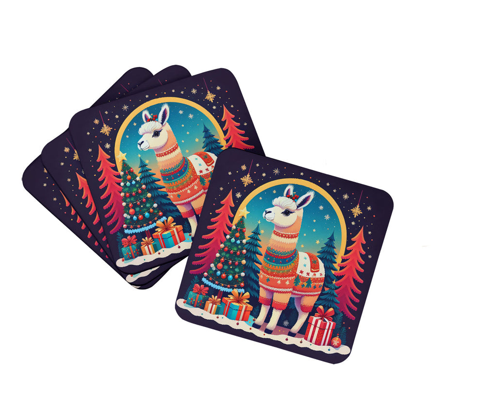 Llama Christmas Foam Coasters Set of 4 Cup Coasters for Indoor Outdoor, Tabletop Protection, Anti Slip, Mouse pad Material