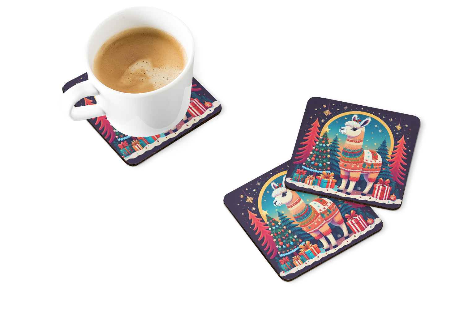 Llama Christmas Foam Coasters Set of 4 Cup Coasters for Indoor Outdoor, Tabletop Protection, Anti Slip, Mouse pad Material