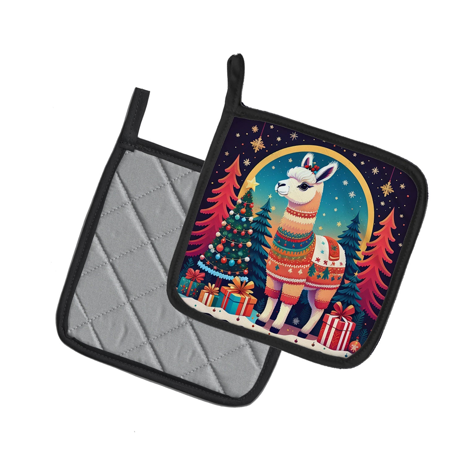 Llama Christmas Pot Holder Set of 2 Heat Resistant Quilted Hot Pads 7.5 x 7.5 Inch, Insulated Kitchen Trivets for Cooking & Baking