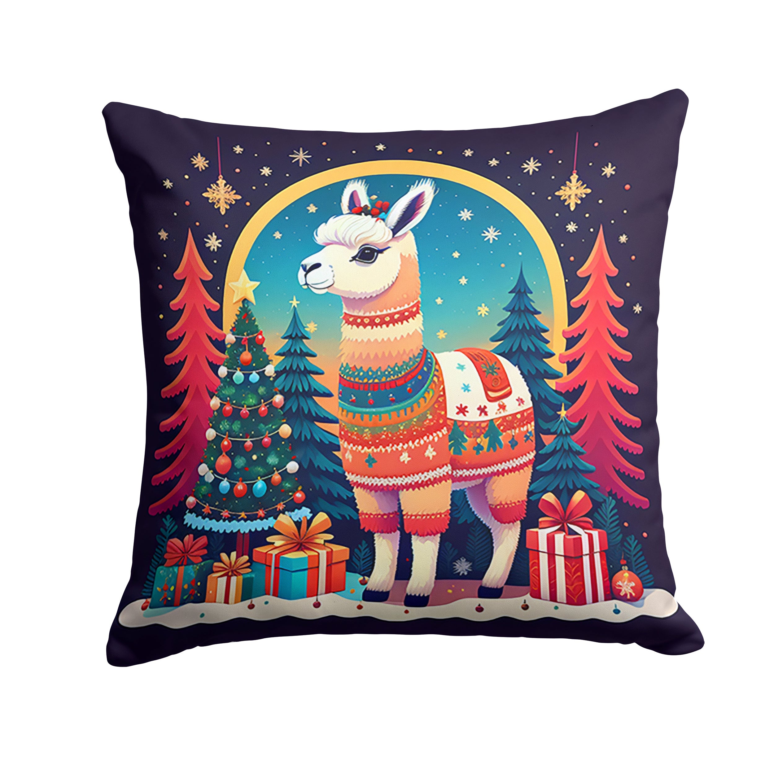 Llama Christmas Decorative Throw Pillow 14x14 Indoor Outdoor Accent Cushion, Fabric Cover with Insert for Sofa, Bed, Porch & Living Room