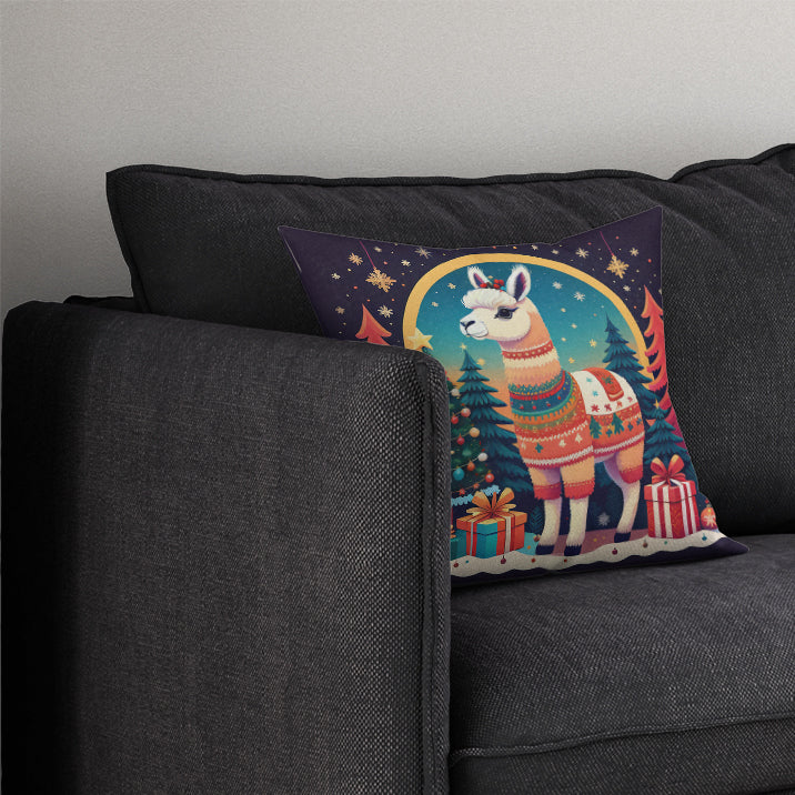 Llama Christmas Decorative Throw Pillow 14x14 Indoor Outdoor Accent Cushion, Fabric Cover with Insert for Sofa, Bed, Porch & Living Room