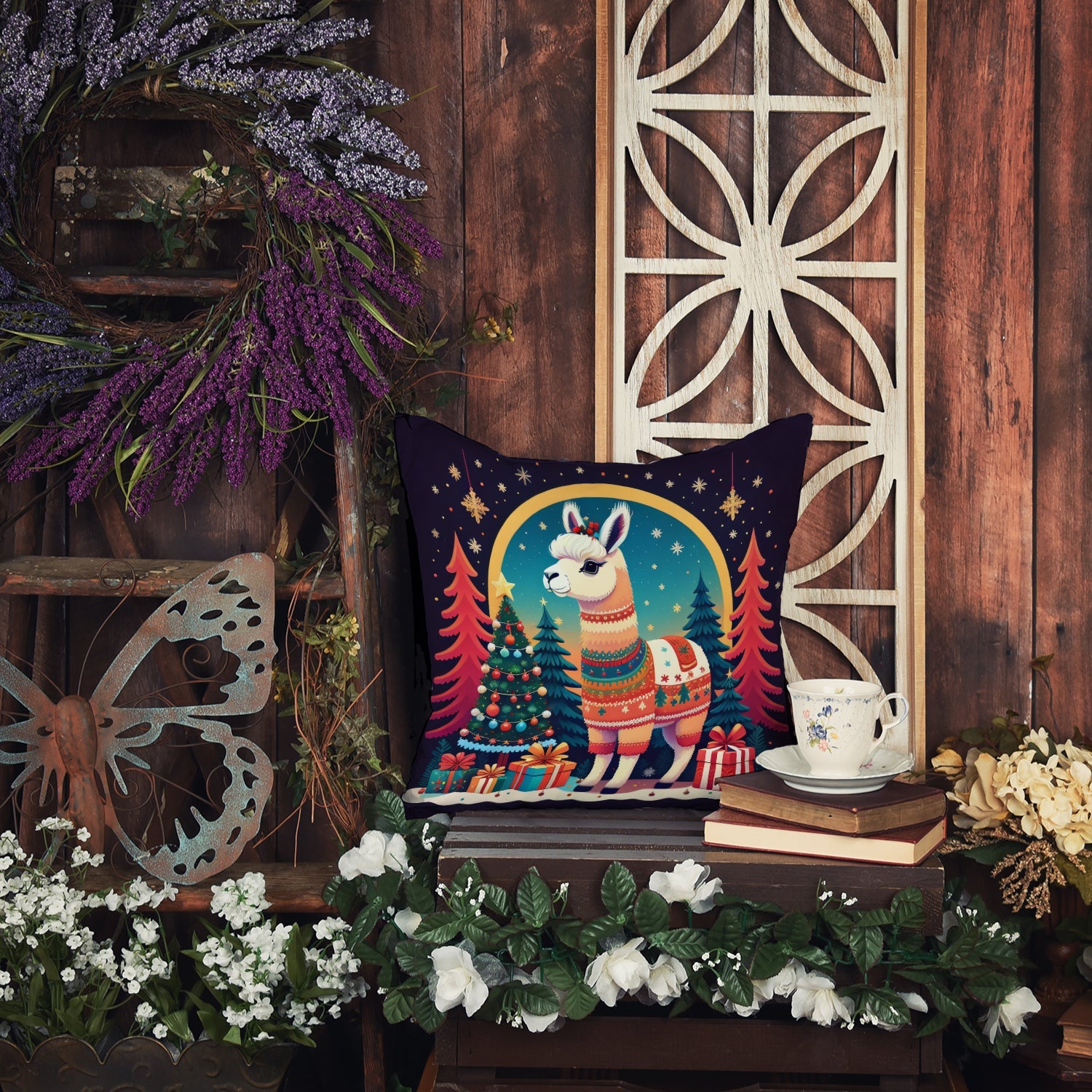 Llama Christmas Decorative Throw Pillow 18x18 Indoor Outdoor Accent Cushion, Fabric Cover with Insert for Sofa, Bed, Porch & Living Room