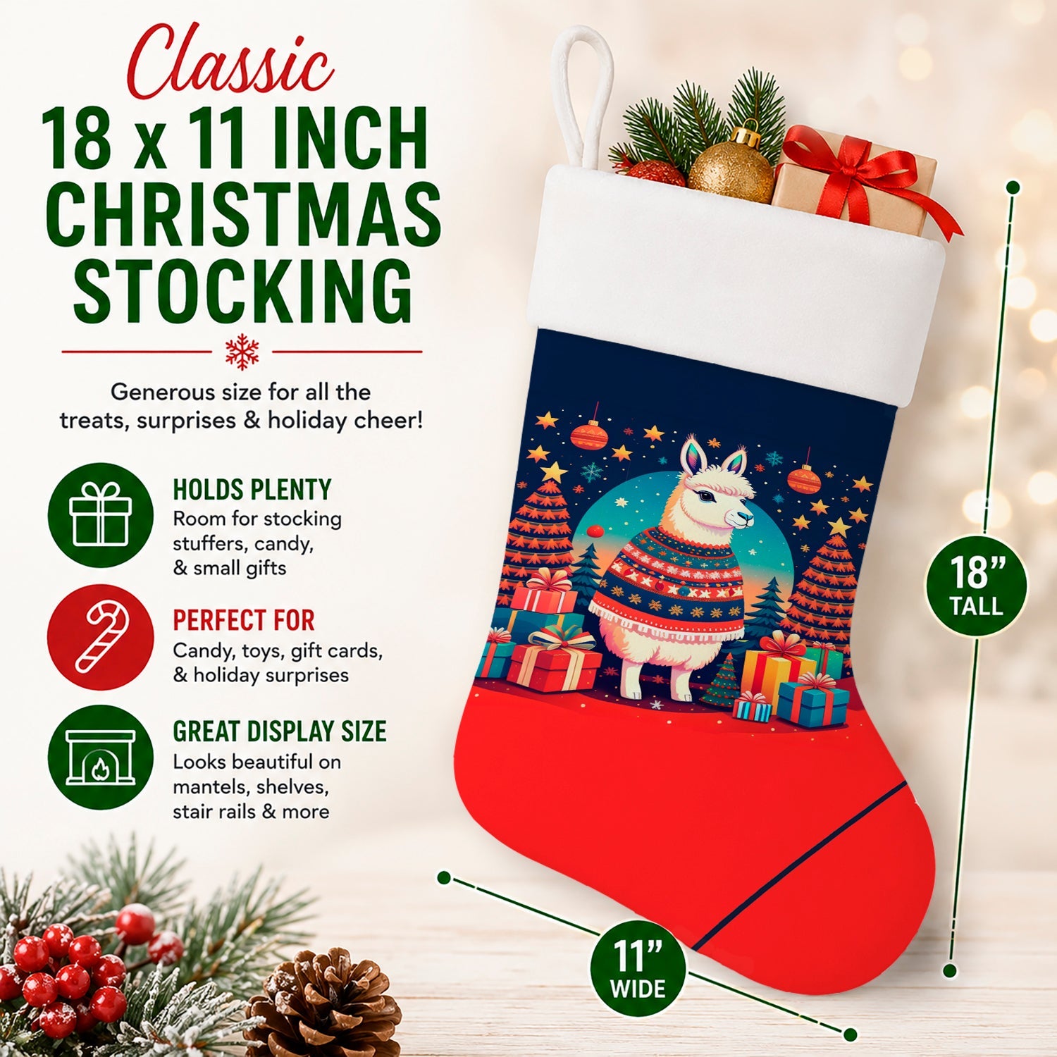 Llama Christmas Holiday Stocking Double-Sided Print, Polyester Suede,11x18, Made in USA