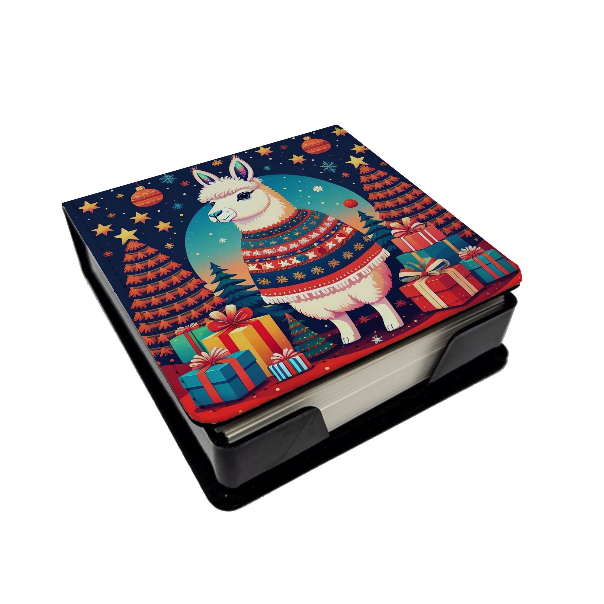 Llama Christmas PU Leather Note Paper Holder with Artist-Designed Cover, Desk Accessory, Office Gift
