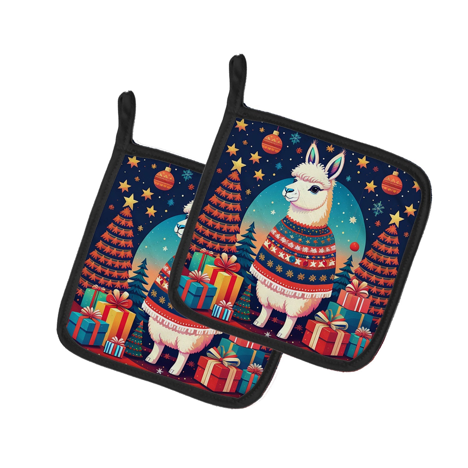 Llama Christmas Pot Holder Set of 2 Heat Resistant Quilted Hot Pads 7.5 x 7.5 Inch, Insulated Kitchen Trivets for Cooking & Baking