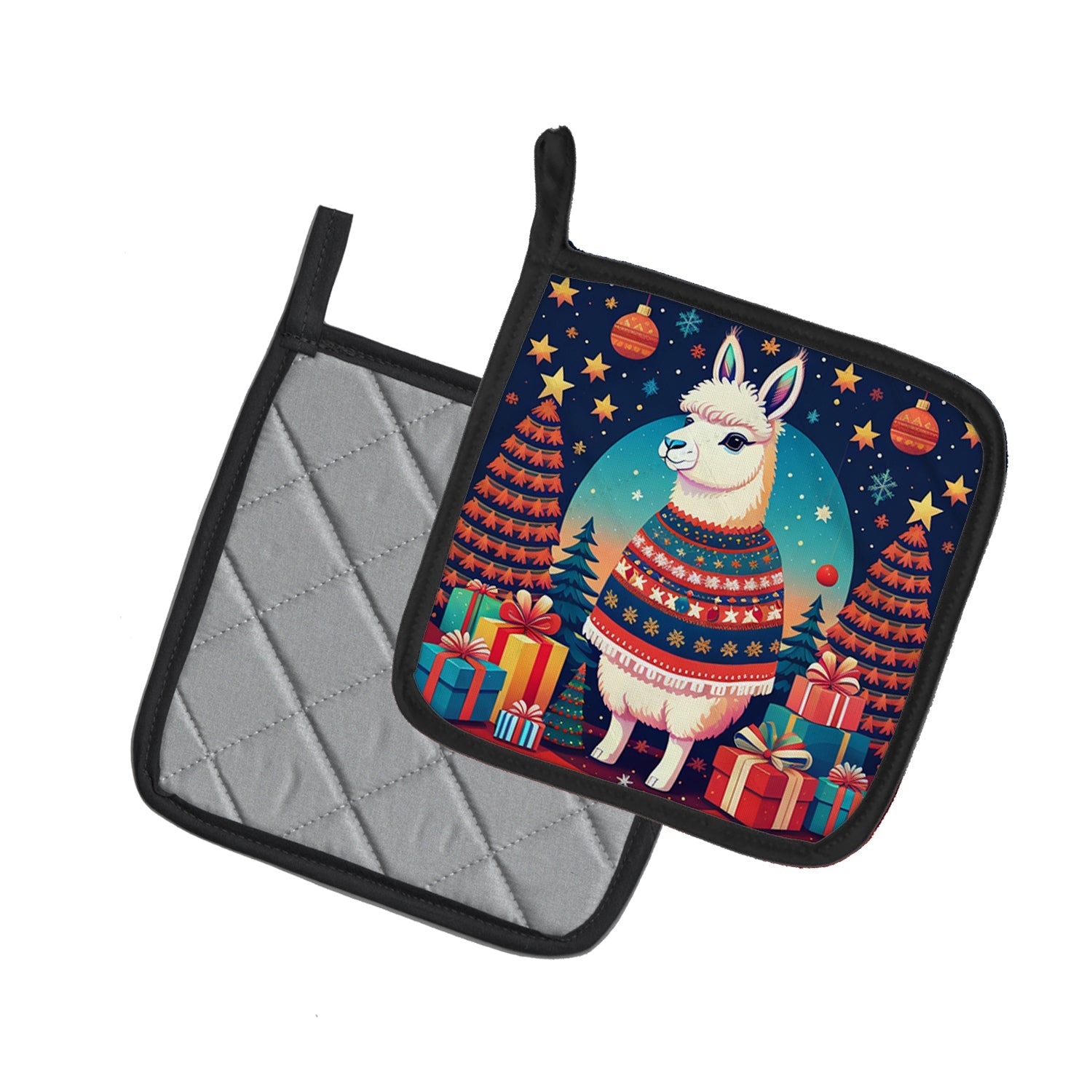 Llama Christmas Pot Holder Set of 2 Heat Resistant Quilted Hot Pads 7.5 x 7.5 Inch, Insulated Kitchen Trivets for Cooking & Baking