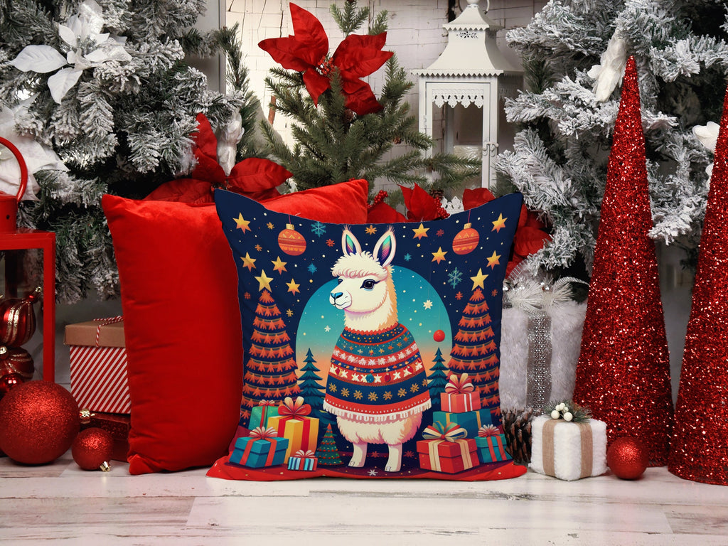 Llama Christmas Decorative Throw Pillow 14x14 Indoor Outdoor Accent Cushion, Fabric Cover with Insert for Sofa, Bed, Porch & Living Room