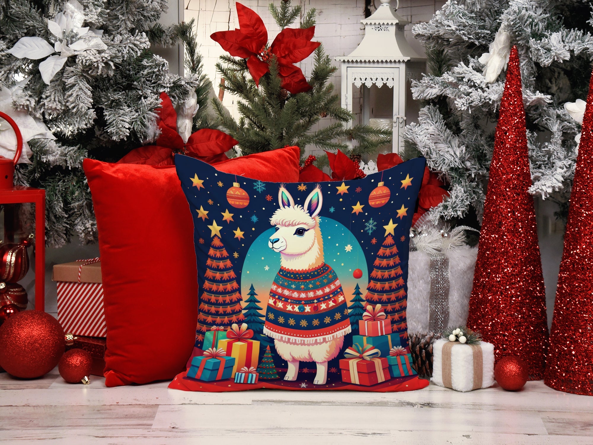 Llama Christmas Decorative Throw Pillow 18x18 Indoor Outdoor Accent Cushion, Fabric Cover with Insert for Sofa, Bed, Porch & Living Room