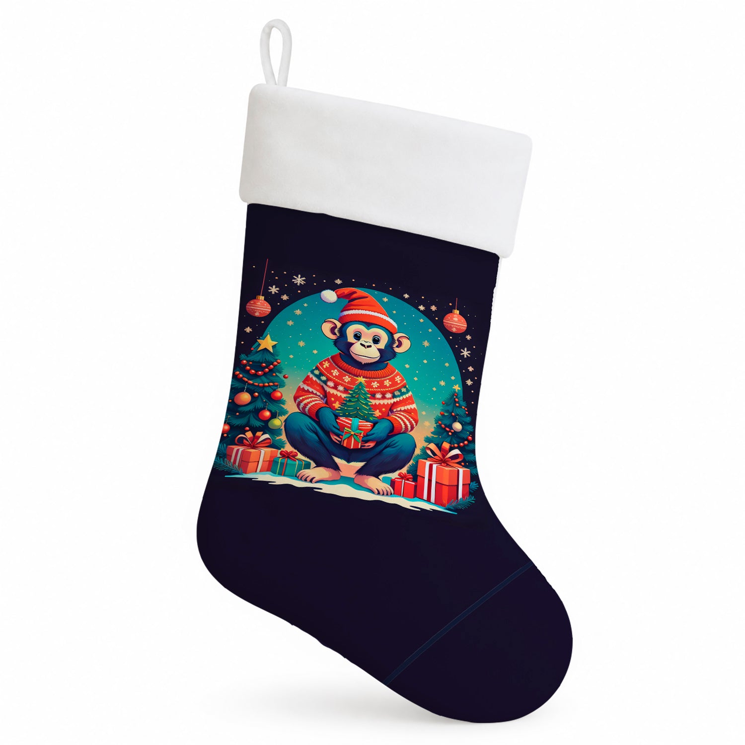 Monkey Christmas Holiday Stocking Double-Sided Print, Polyester Suede,11x18, Made in USA