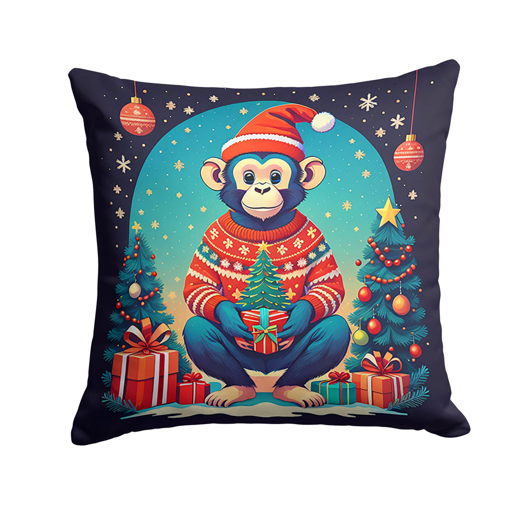 Monkey Christmas Decorative Throw Pillow 14x14 Indoor Outdoor Accent Cushion, Fabric Cover with Insert for Sofa, Bed, Porch & Living Room