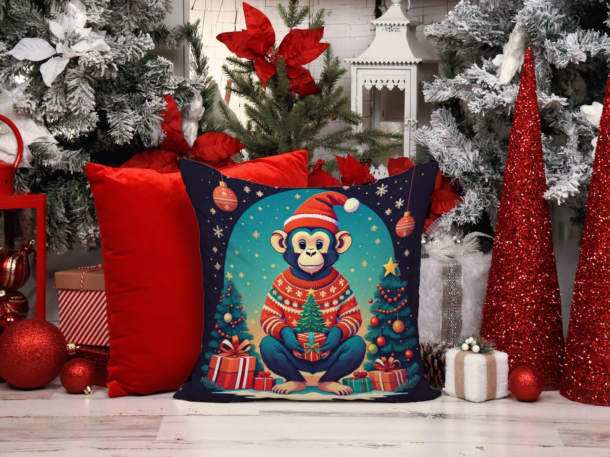 Monkey Christmas Decorative Throw Pillow 14x14 Indoor Outdoor Accent Cushion, Fabric Cover with Insert for Sofa, Bed, Porch & Living Room