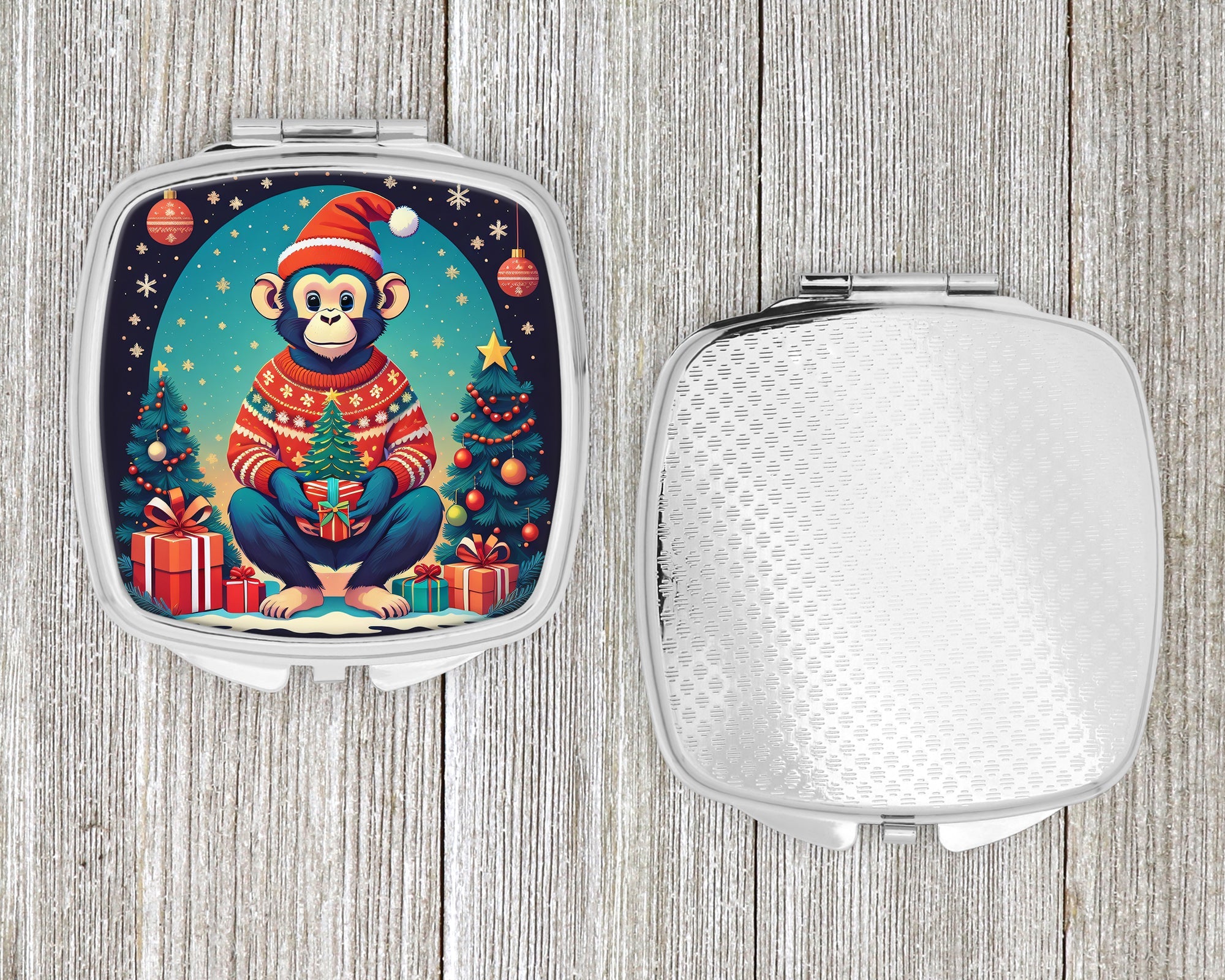 Monkey Christmas Compact Mirror Decorative Travel Makeup Mirror for Women Girls Gifts Pocket Makeup Mirror Folding Handheld