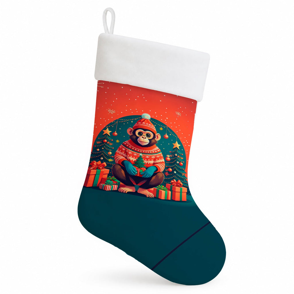 Monkey Christmas Holiday Stocking Double-Sided Print, Polyester Suede,11x18, Made in USA