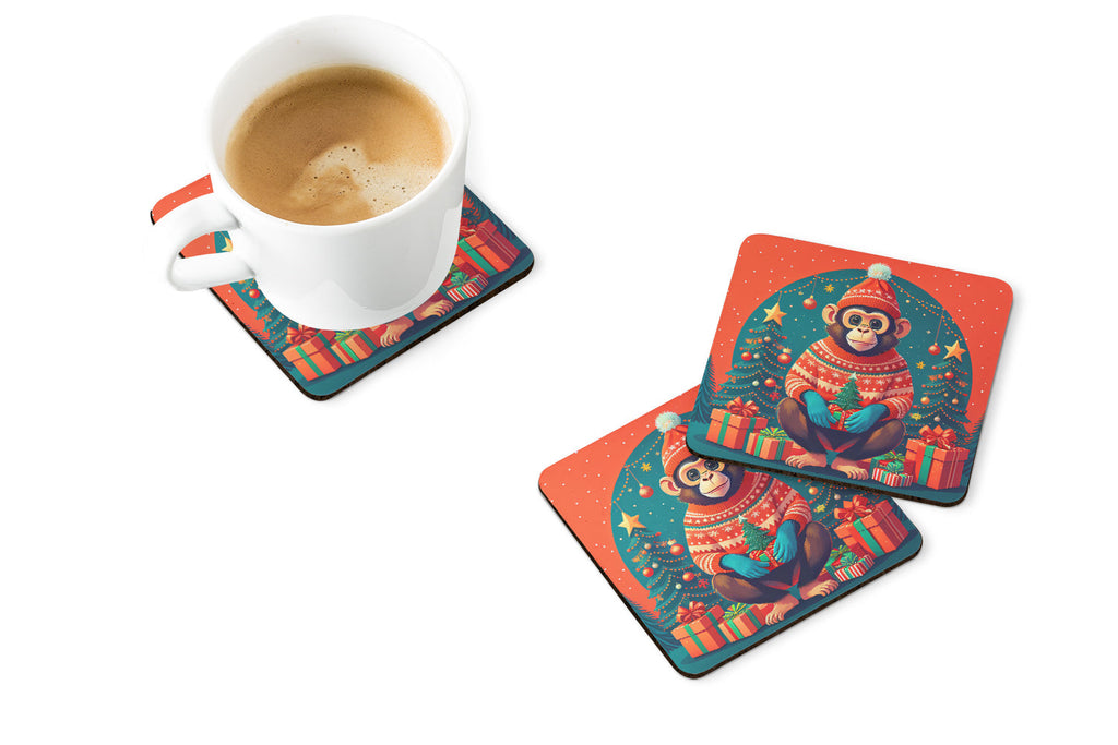 Monkey Christmas Foam Coasters Set of 4 Cup Coasters for Indoor Outdoor, Tabletop Protection, Anti Slip, Mouse pad Material