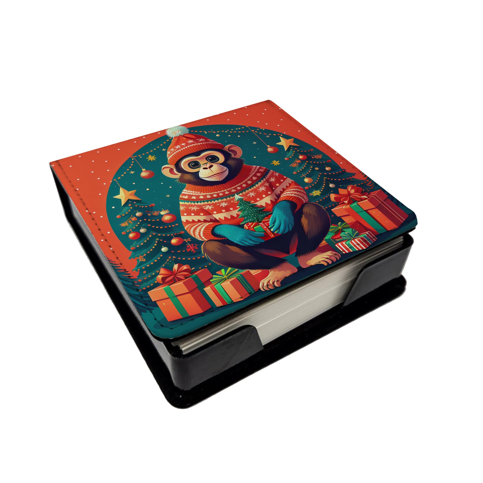 Monkey Christmas PU Leather Note Paper Holder with Artist-Designed Cover, Desk Accessory, Office Gift
