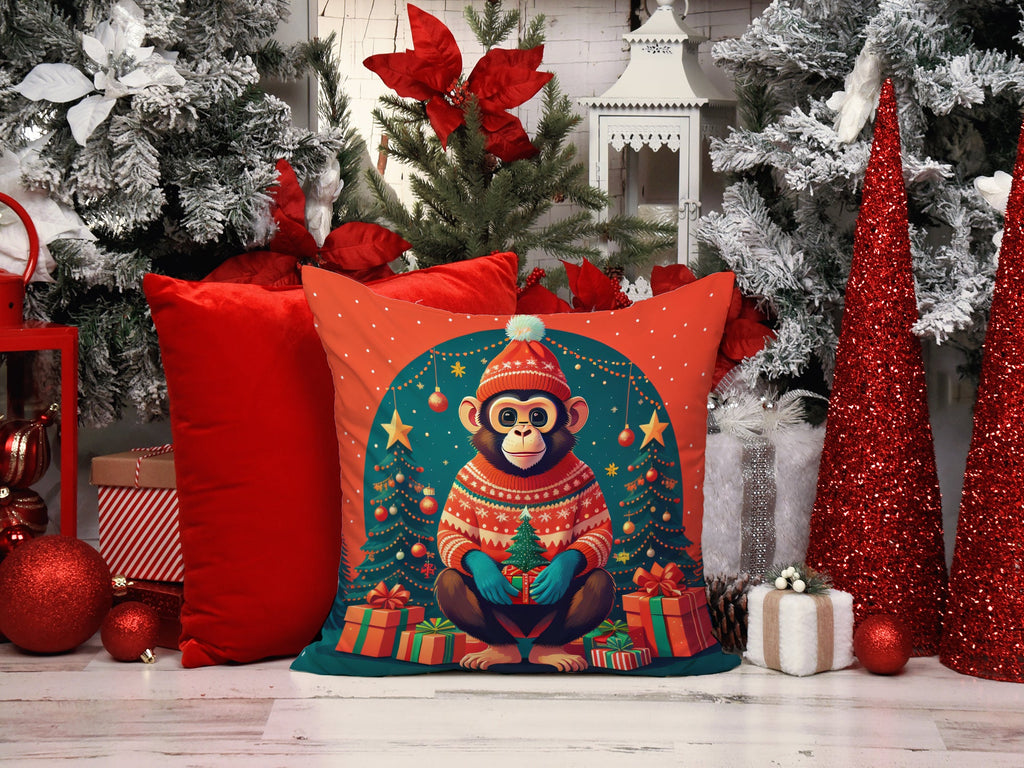 Monkey Christmas Decorative Throw Pillow 18x18 Indoor Outdoor Accent Cushion, Fabric Cover with Insert for Sofa, Bed, Porch & Living Room