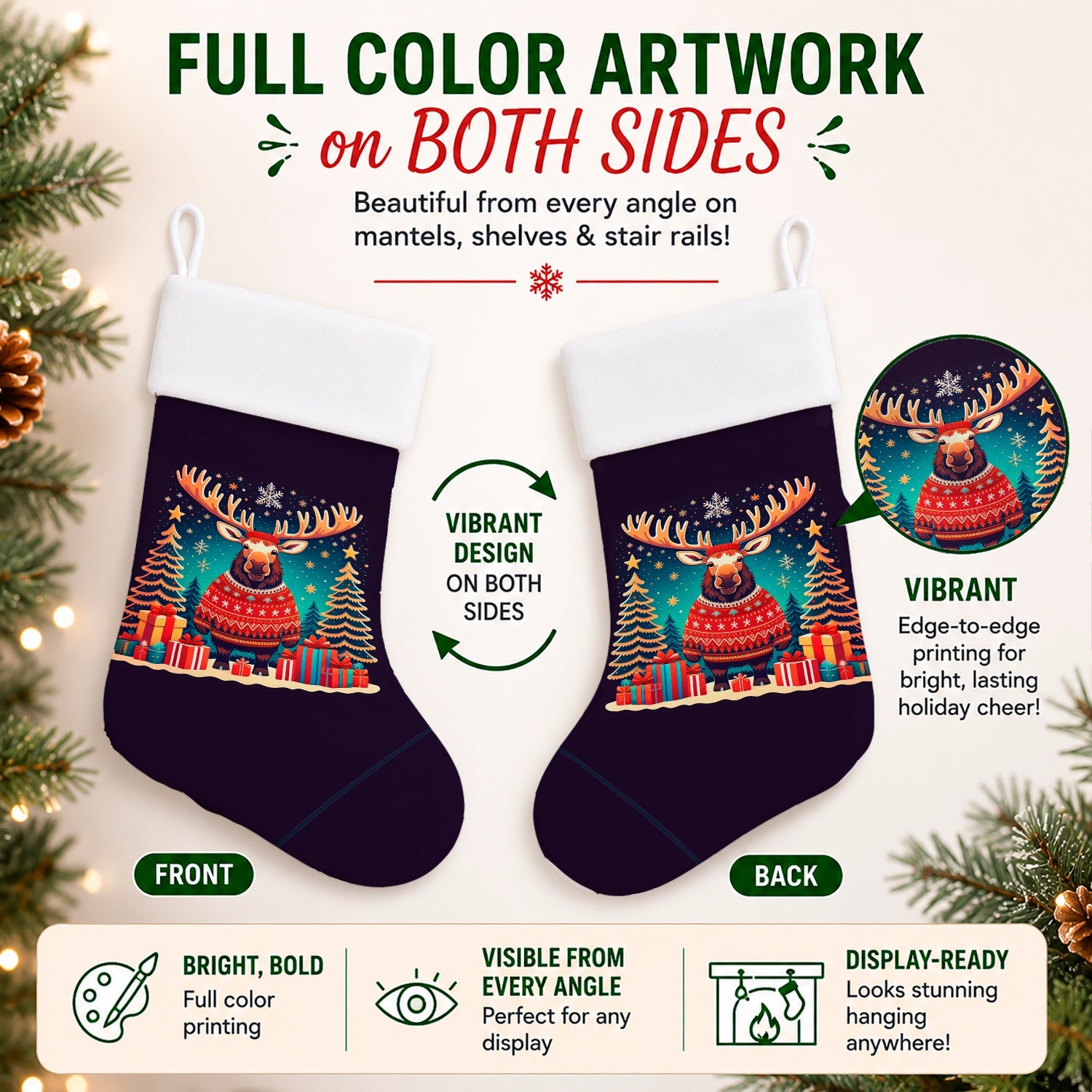 Moose Christmas Holiday Stocking Double-Sided Print, Polyester Suede,11x18, Made in USA