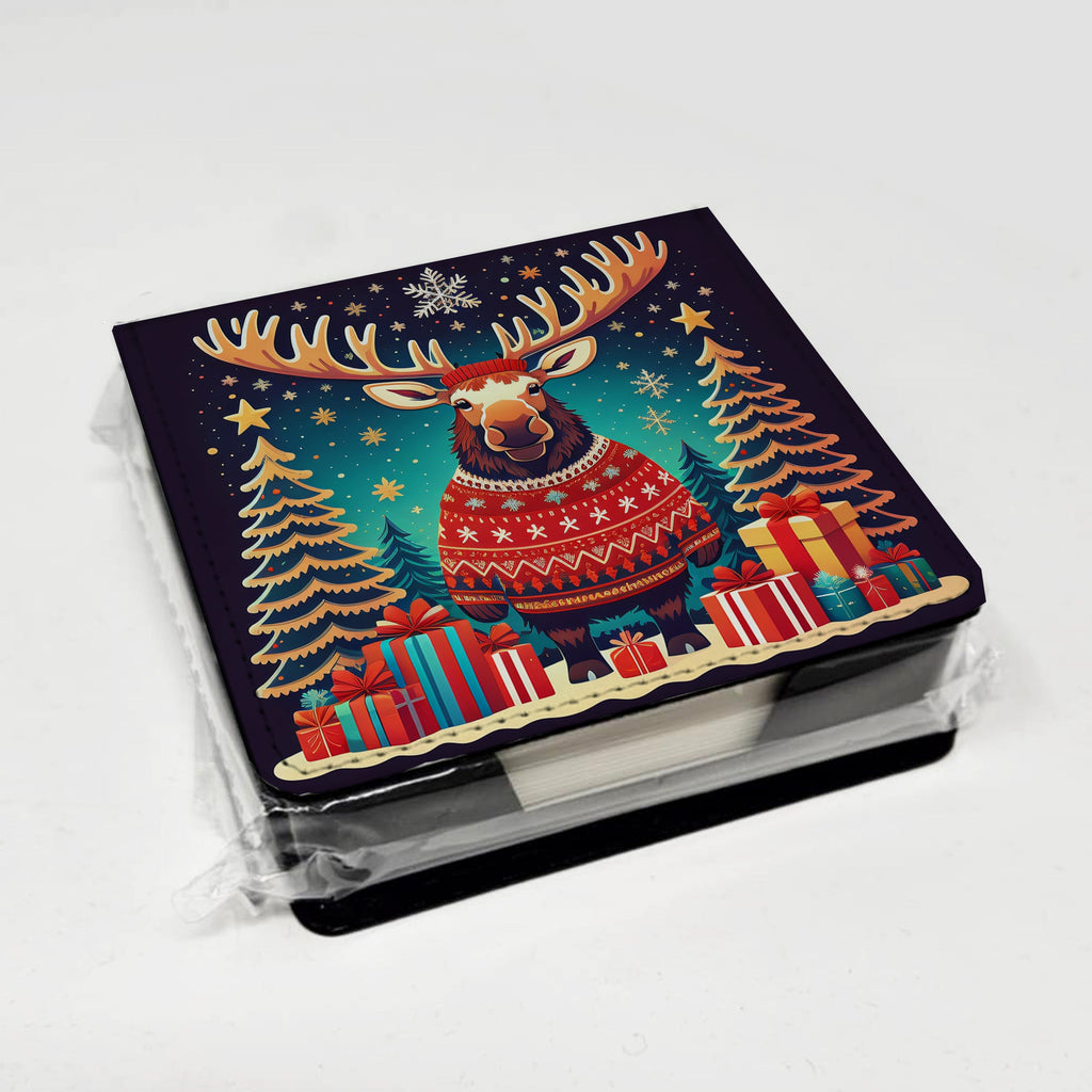 Moose Christmas PU Leather Note Paper Holder with Artist-Designed Cover, Desk Accessory, Office Gift