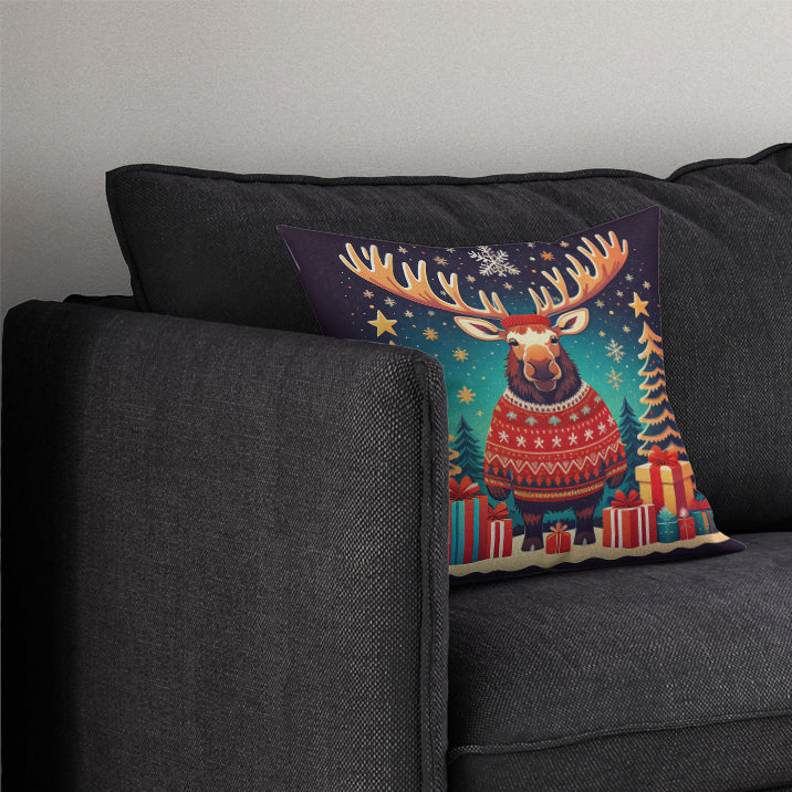 Moose Christmas Decorative Throw Pillow 14x14 Indoor Outdoor Accent Cushion, Fabric Cover with Insert for Sofa, Bed, Porch & Living Room