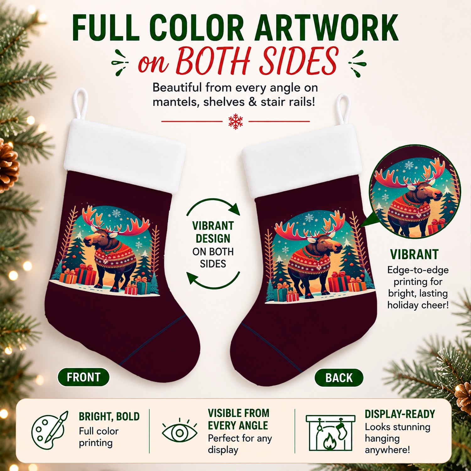 Moose Christmas Holiday Stocking Double-Sided Print, Polyester Suede,11x18, Made in USA