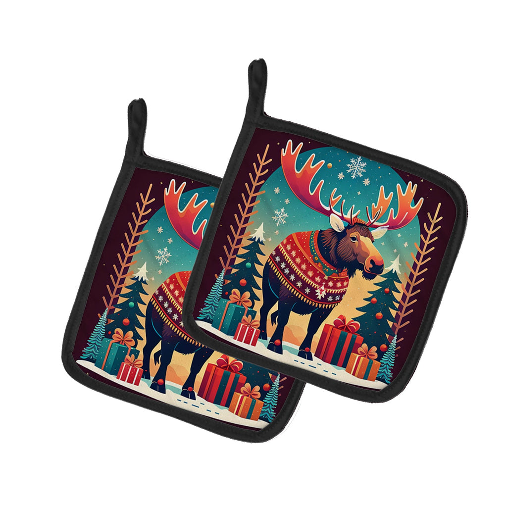 Moose Christmas Pot Holder Set of 2 Heat Resistant Quilted Hot Pads 7.5 x 7.5 Inch, Insulated Kitchen Trivets for Cooking & Baking