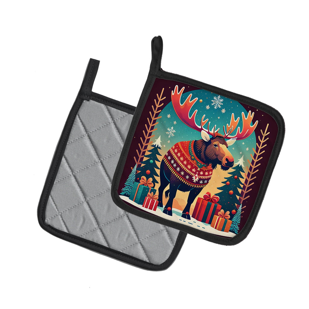 Moose Christmas Pot Holder Set of 2 Heat Resistant Quilted Hot Pads 7.5 x 7.5 Inch, Insulated Kitchen Trivets for Cooking & Baking