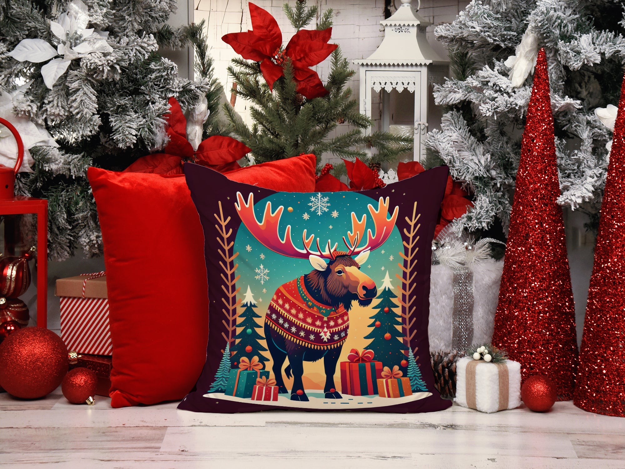 Moose Christmas Decorative Throw Pillow 14x14 Indoor Outdoor Accent Cushion, Fabric Cover with Insert for Sofa, Bed, Porch & Living Room
