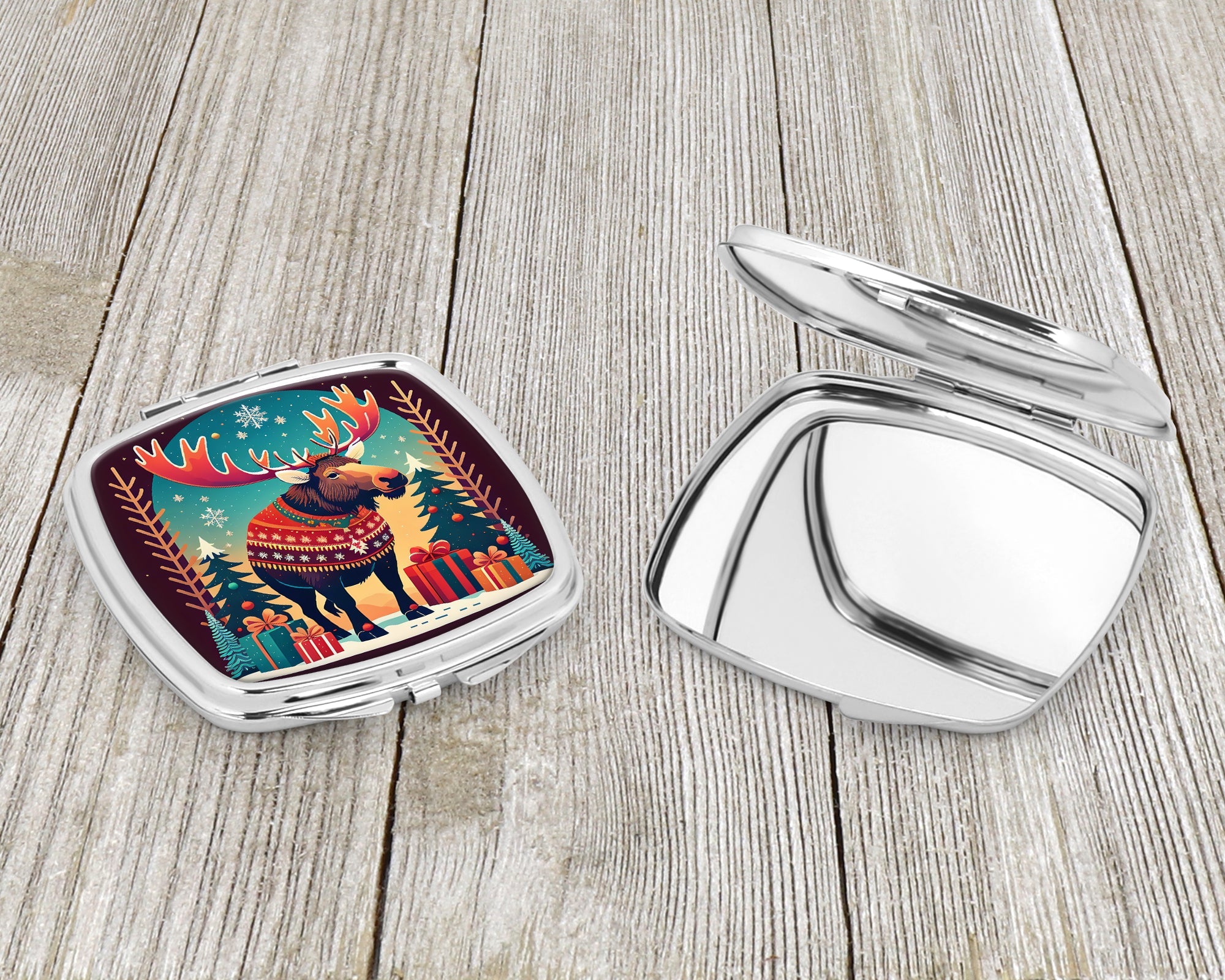Moose Christmas Compact Mirror Decorative Travel Makeup Mirror for Women Girls Gifts Pocket Makeup Mirror Folding Handheld
