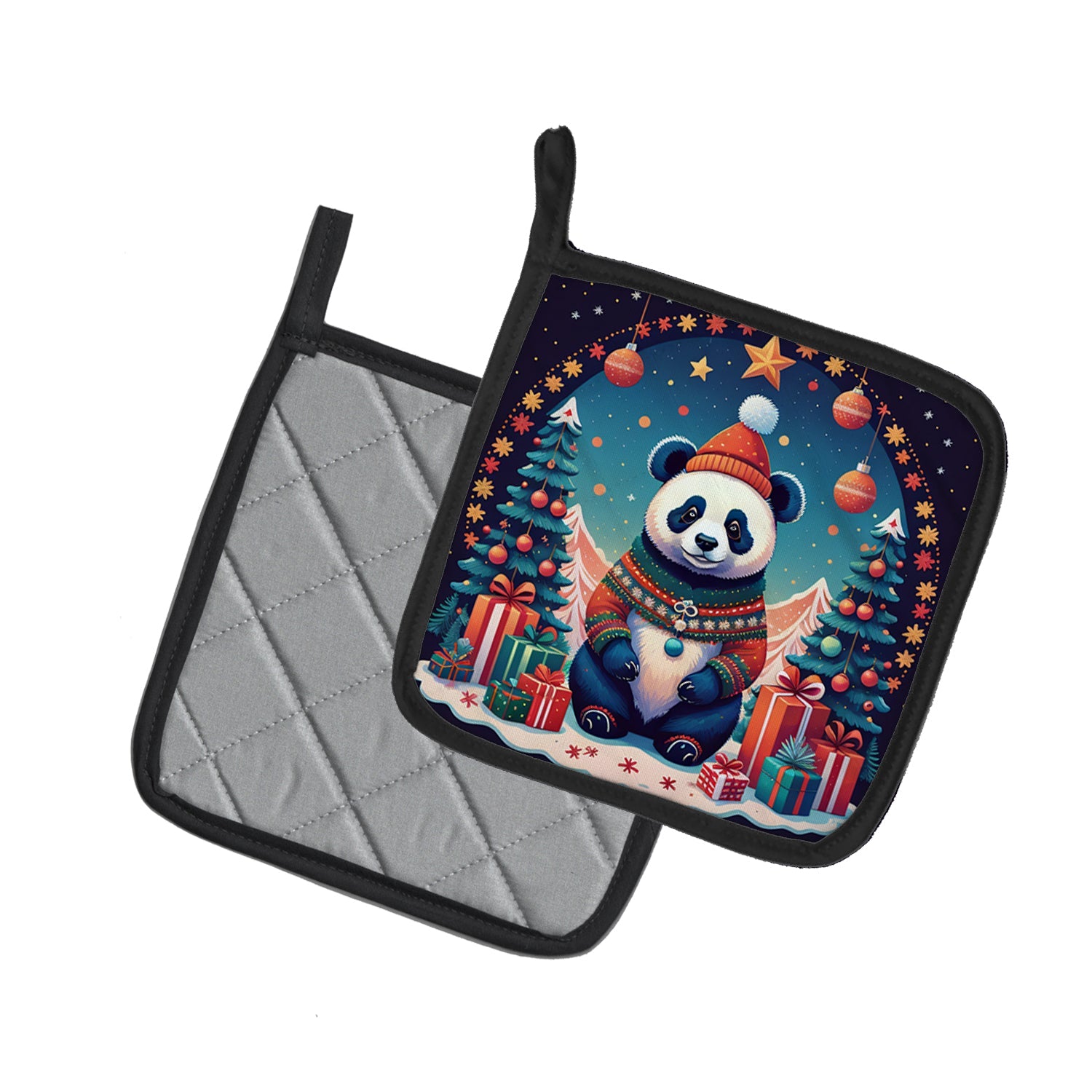 Panda Christmas Pot Holder Set of 2 Heat Resistant Quilted Hot Pads 7.5 x 7.5 Inch, Insulated Kitchen Trivets for Cooking & Baking