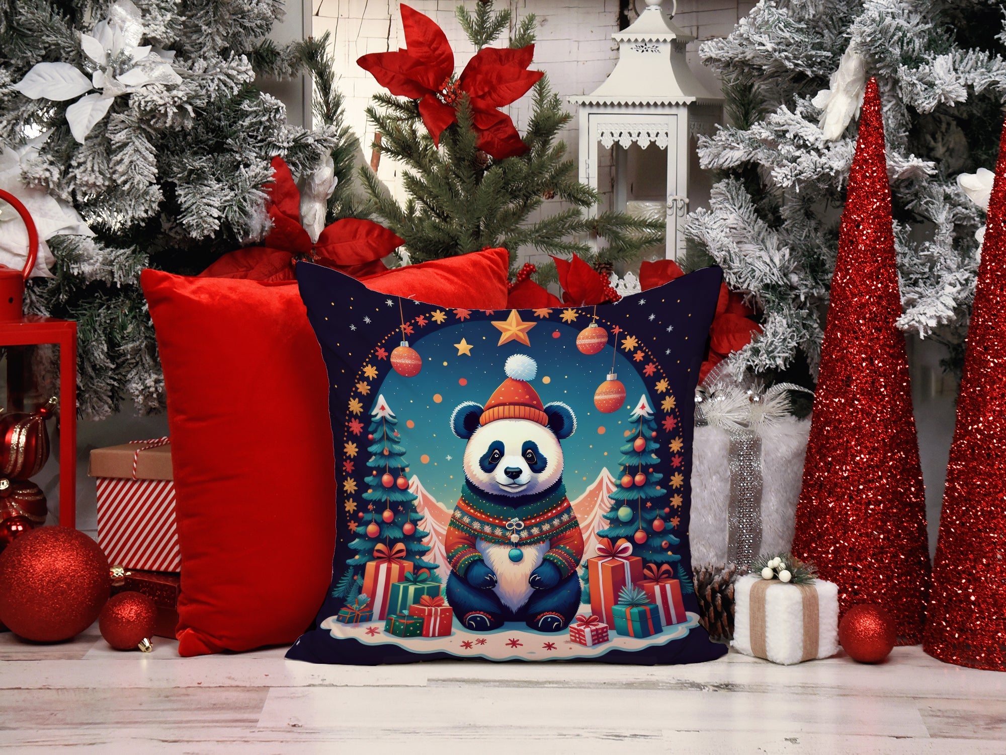 Panda Christmas Decorative Throw Pillow 18x18 Indoor Outdoor Accent Cushion, Fabric Cover with Insert for Sofa, Bed, Porch & Living Room
