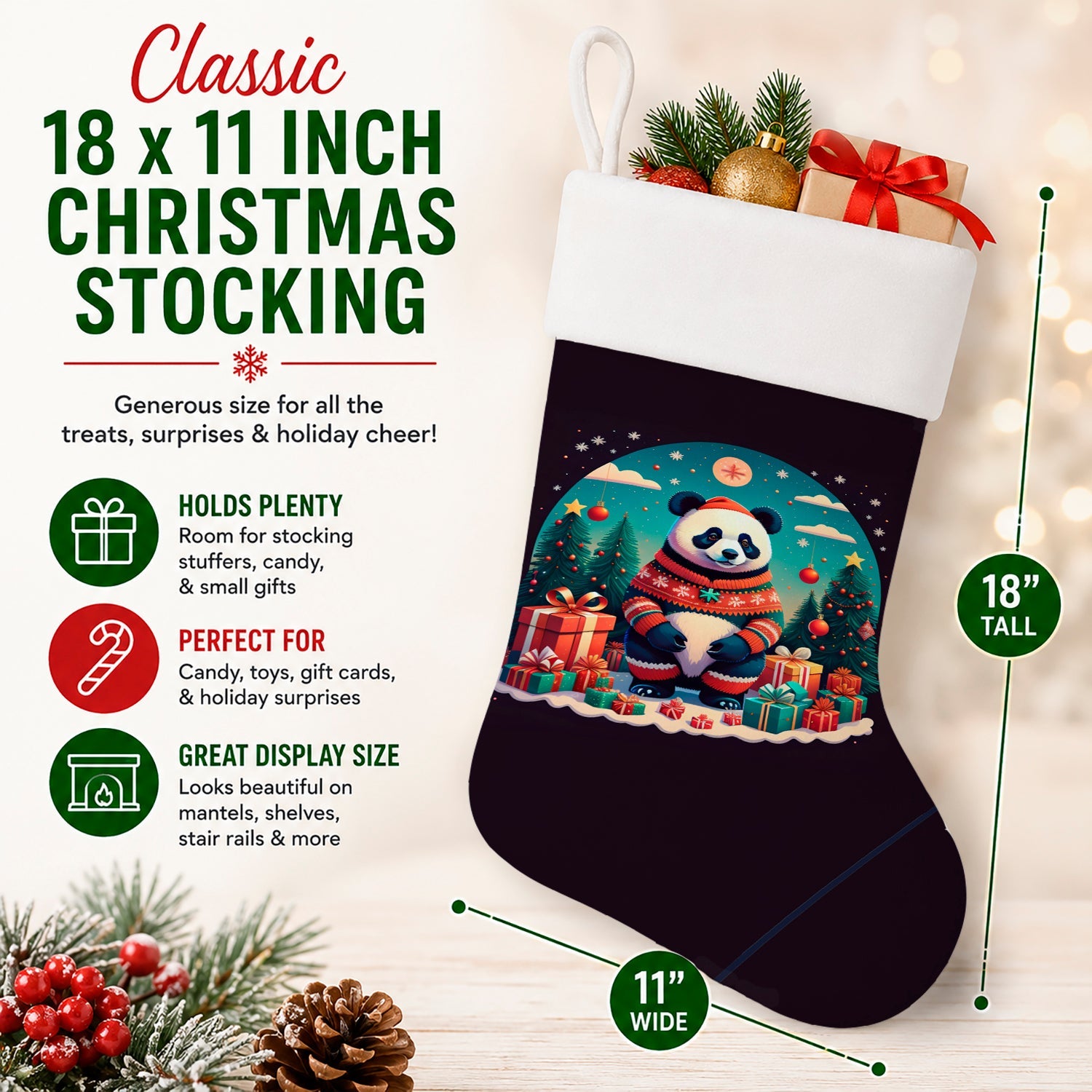 Panda Christmas Holiday Stocking Double-Sided Print, Polyester Suede,11x18, Made in USA