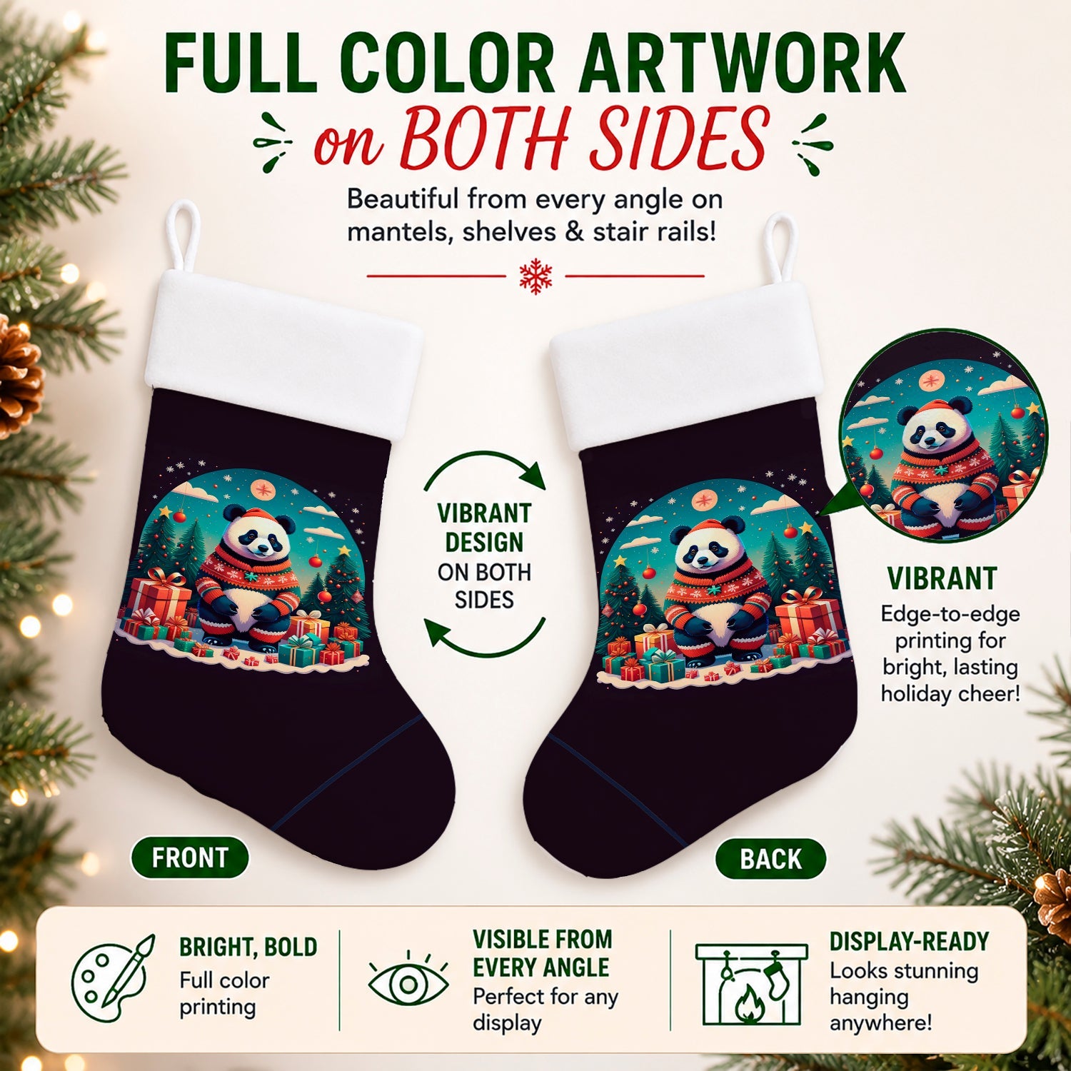 Panda Christmas Holiday Stocking Double-Sided Print, Polyester Suede,11x18, Made in USA