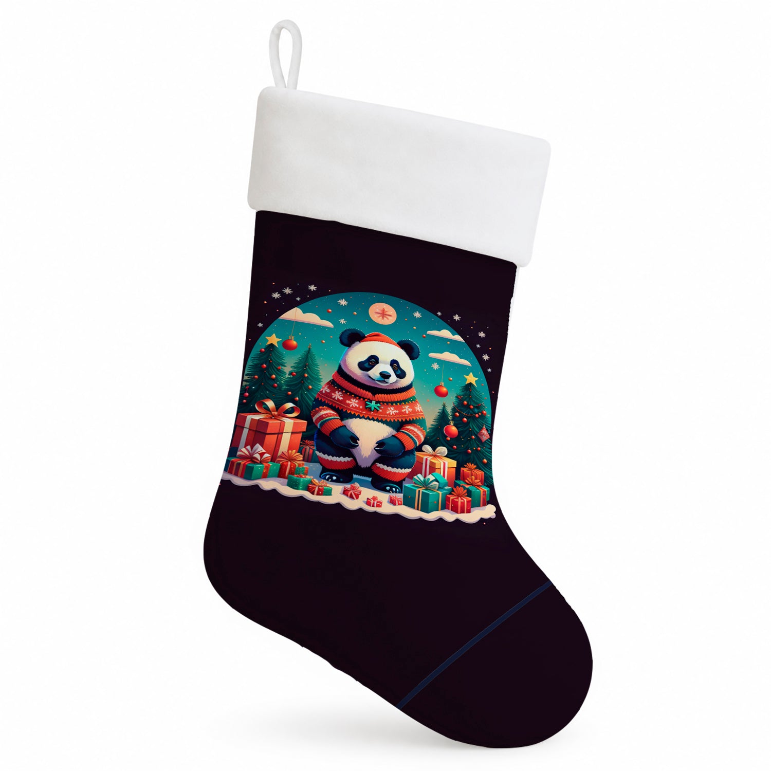 Panda Christmas Holiday Stocking Double-Sided Print, Polyester Suede,11x18, Made in USA
