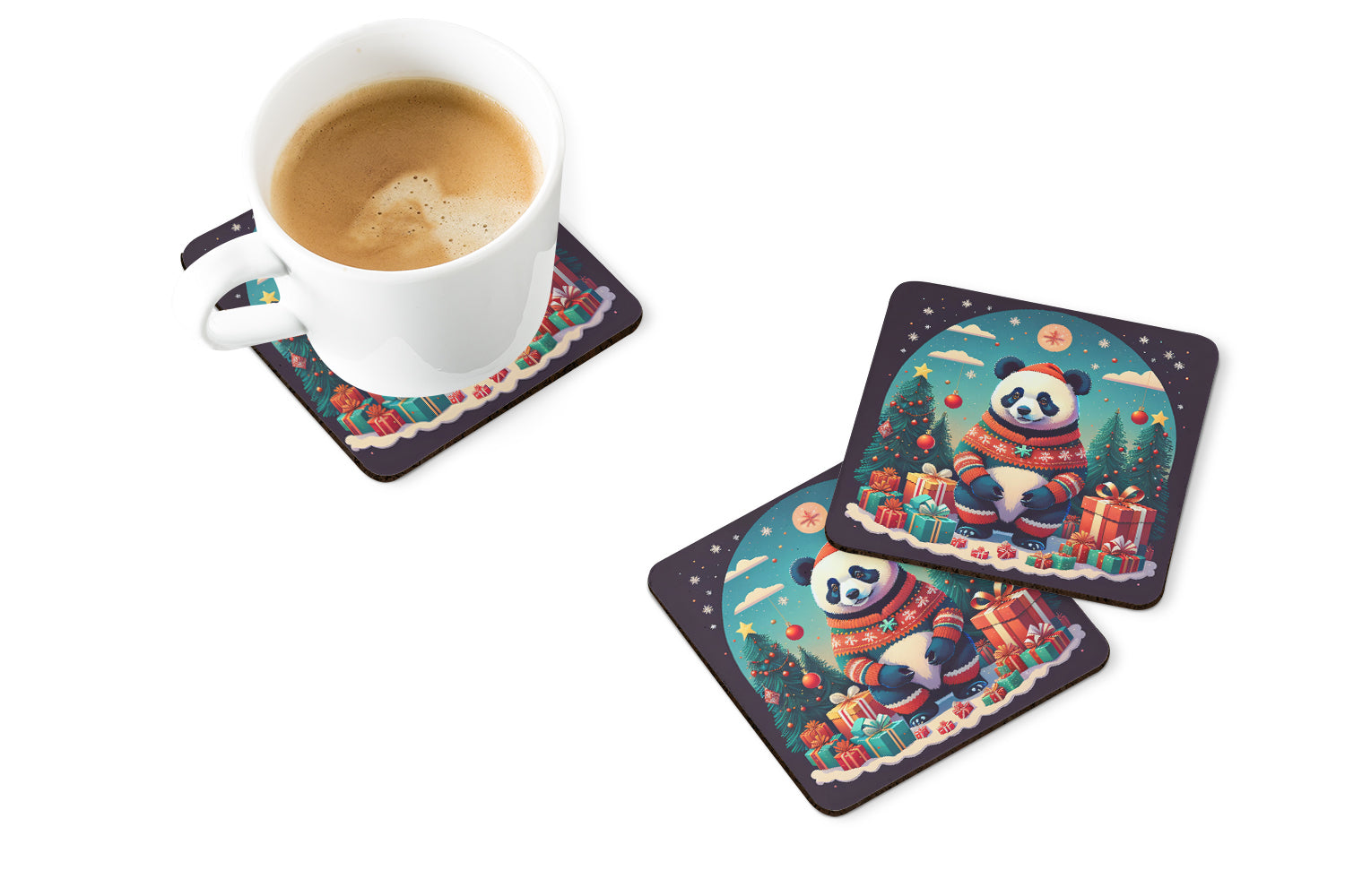 Panda Christmas Foam Coasters Set of 4 Cup Coasters for Indoor Outdoor, Tabletop Protection, Anti Slip, Mouse pad Material