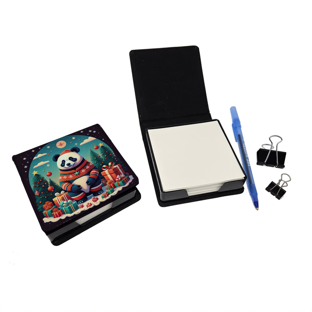 Panda Christmas PU Leather Note Paper Holder with Artist-Designed Cover, Desk Accessory, Office Gift