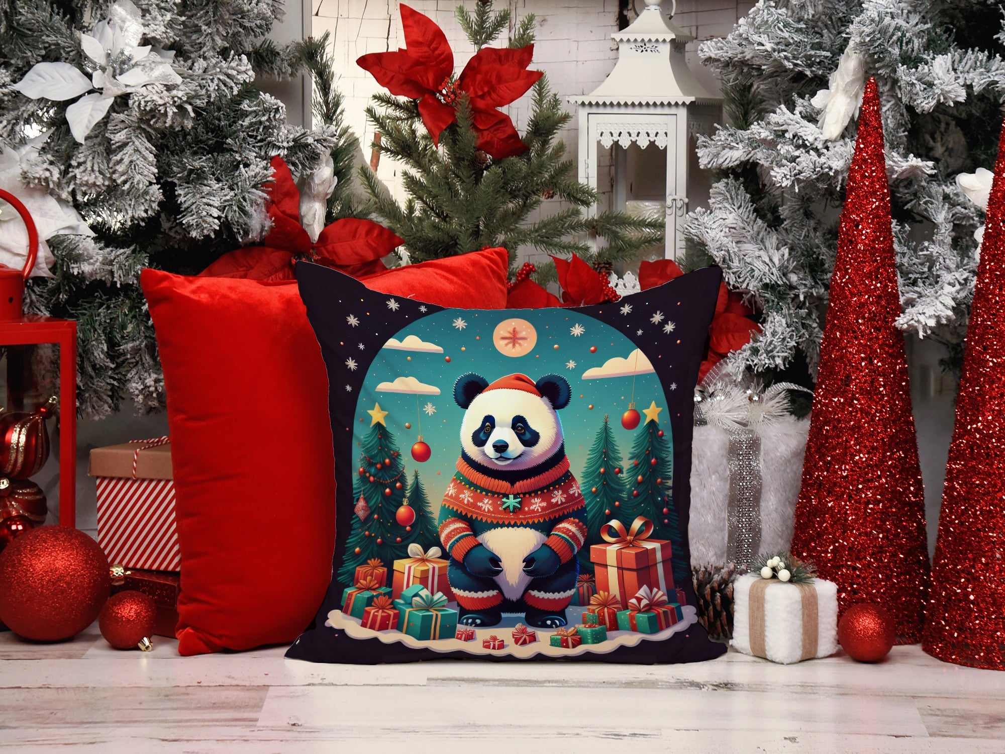 Panda Christmas Decorative Throw Pillow 18x18 Indoor Outdoor Accent Cushion, Fabric Cover with Insert for Sofa, Bed, Porch & Living Room