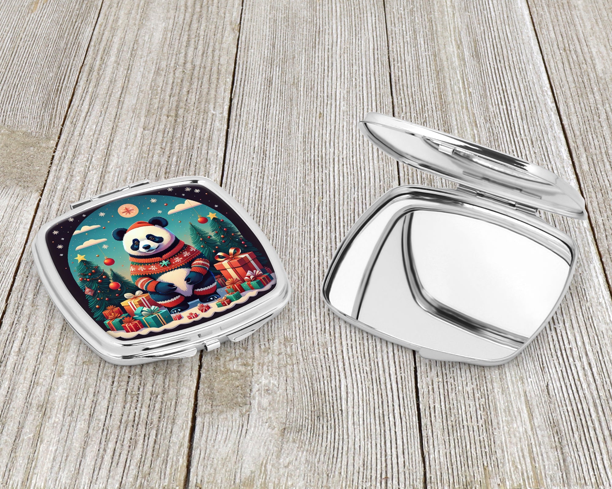 Panda Christmas Compact Mirror Decorative Travel Makeup Mirror for Women Girls Gifts Pocket Makeup Mirror Folding Handheld