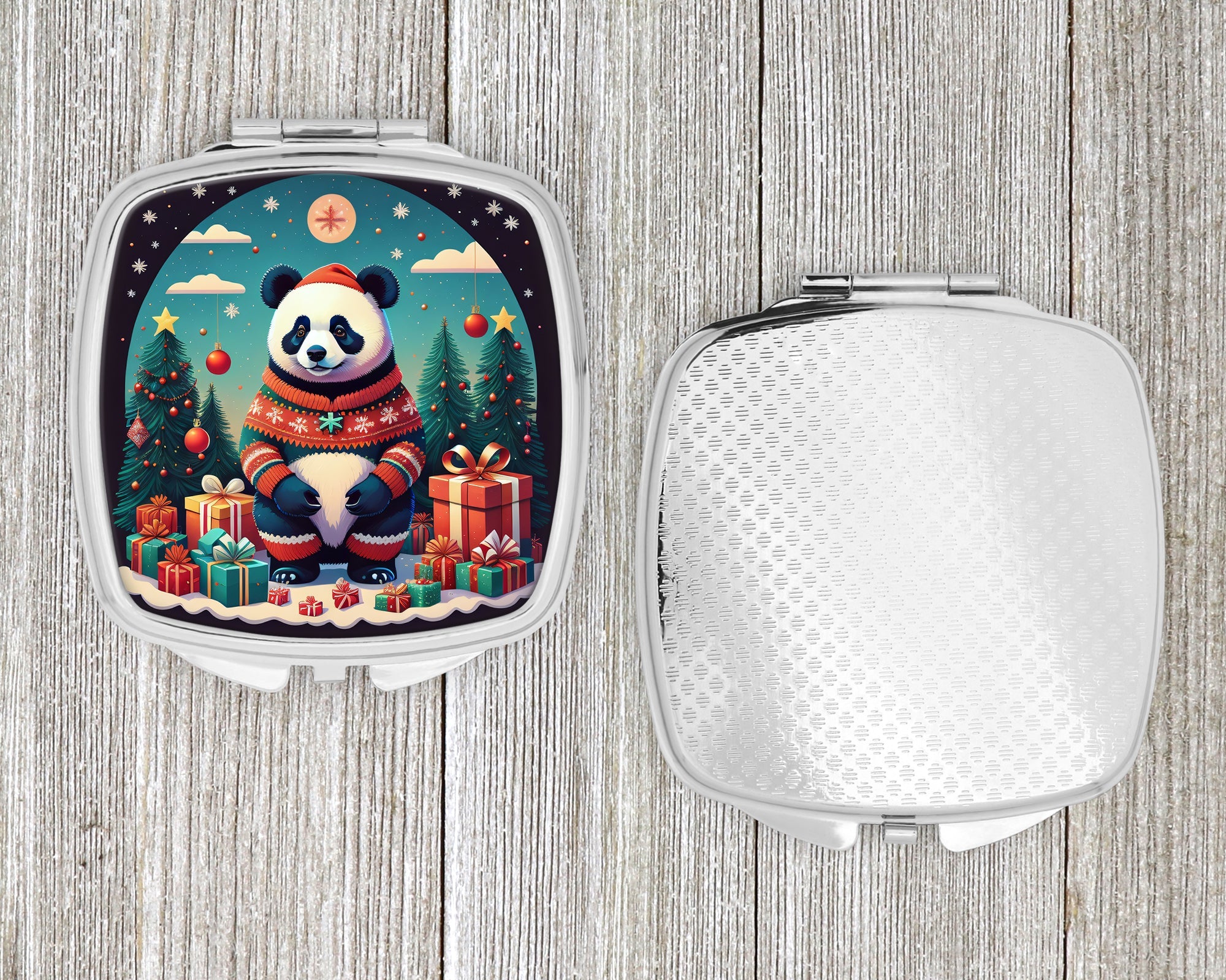 Panda Christmas Compact Mirror Decorative Travel Makeup Mirror for Women Girls Gifts Pocket Makeup Mirror Folding Handheld