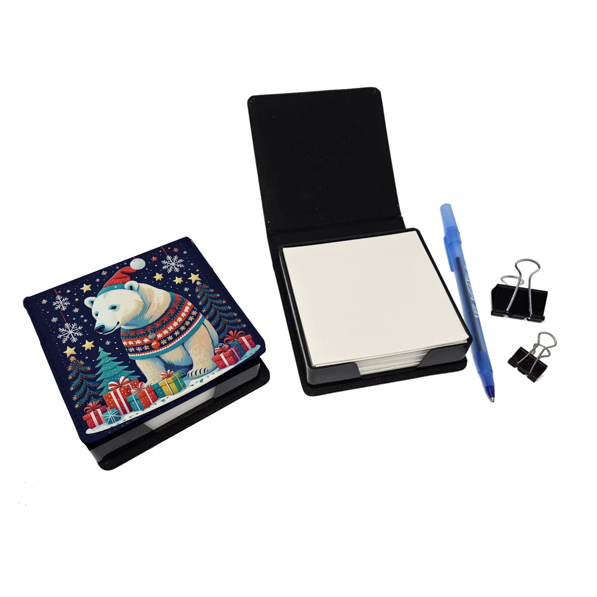 Polar Bear Christmas PU Leather Note Paper Holder with Artist-Designed Cover, Desk Accessory, Office Gift