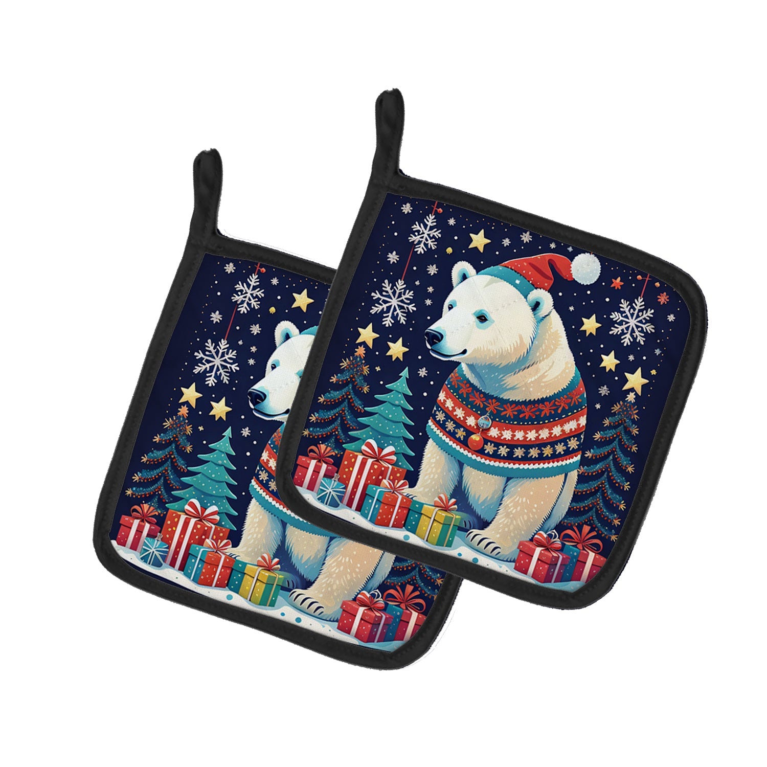 Polar Bear Christmas Pot Holder Set of 2 Heat Resistant Quilted Hot Pads 7.5 x 7.5 Inch, Insulated Kitchen Trivets for Cooking & Baking
