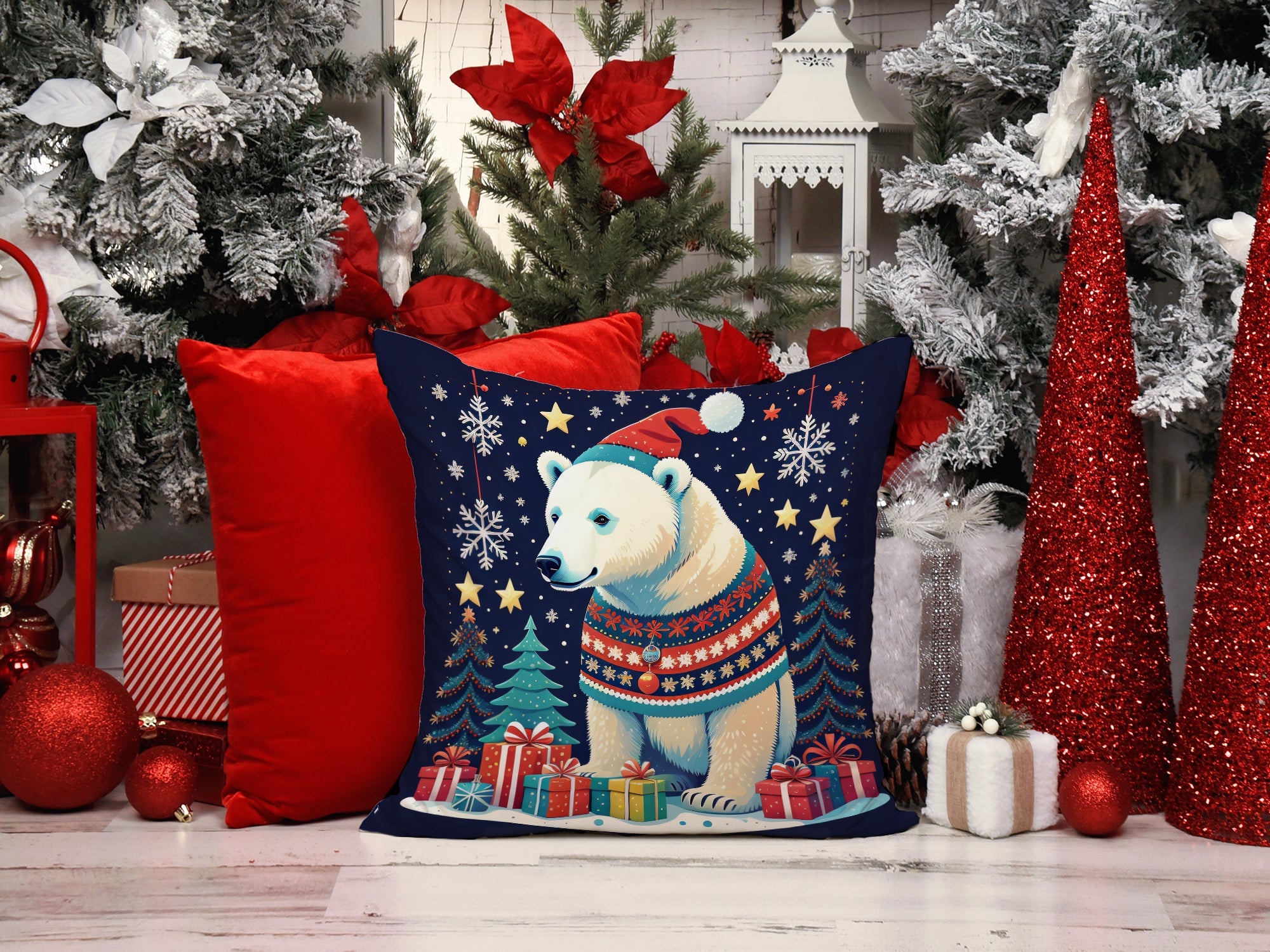 Polar Bear Christmas Decorative Throw Pillow 18x18 Indoor Outdoor Accent Cushion, Fabric Cover with Insert for Sofa, Bed, Porch & Living Room
