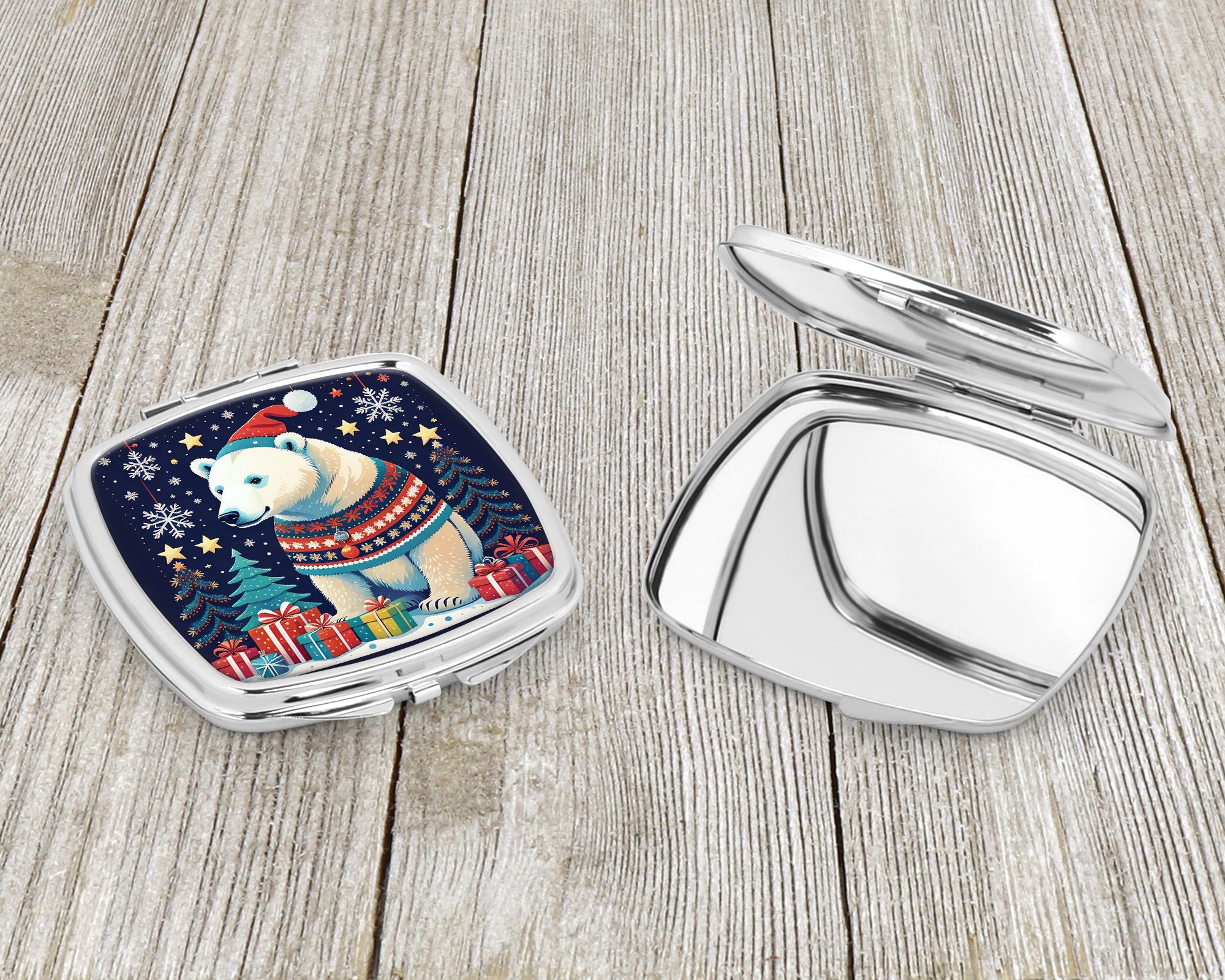 Polar Bear Christmas Compact Mirror Decorative Travel Makeup Mirror for Women Girls Gifts Pocket Makeup Mirror Folding Handheld