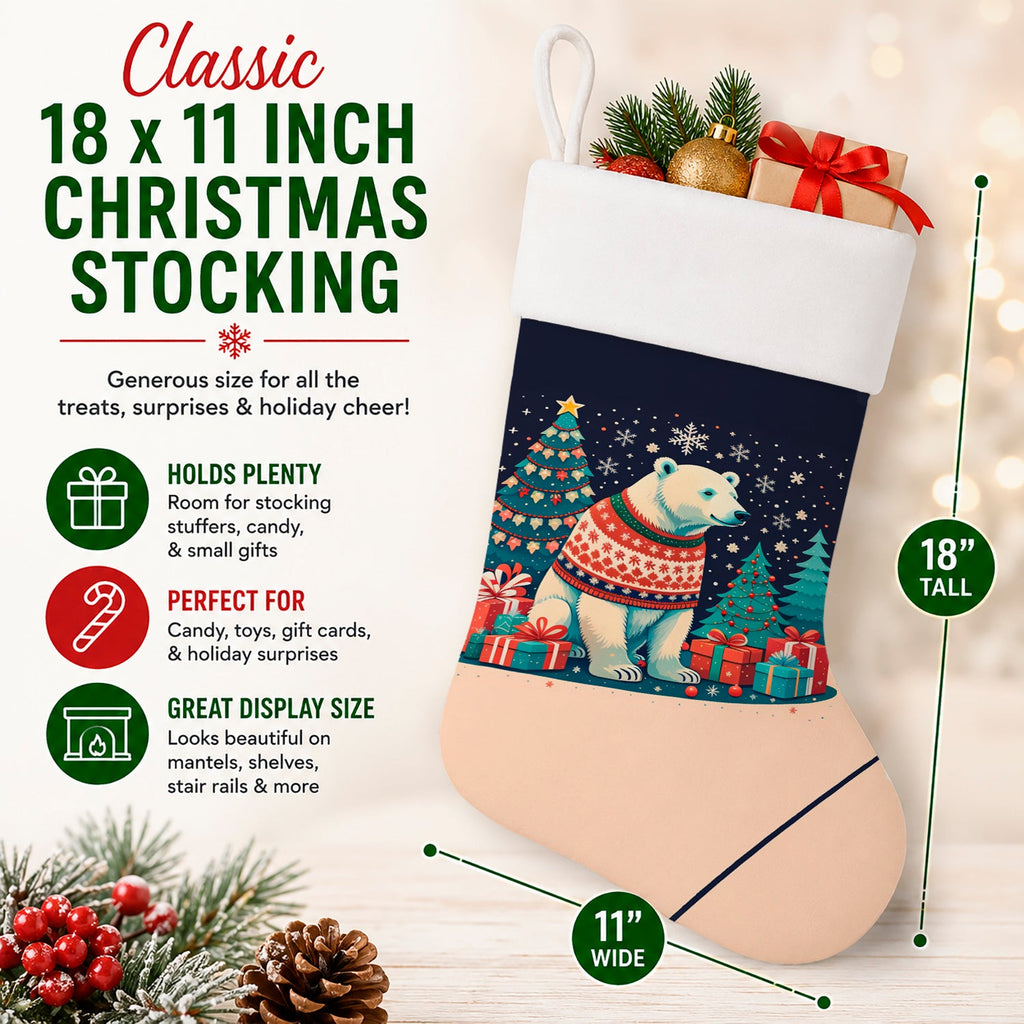 Polar Bear Christmas Holiday Stocking Double-Sided Print, Polyester Suede,11x18, Made in USA