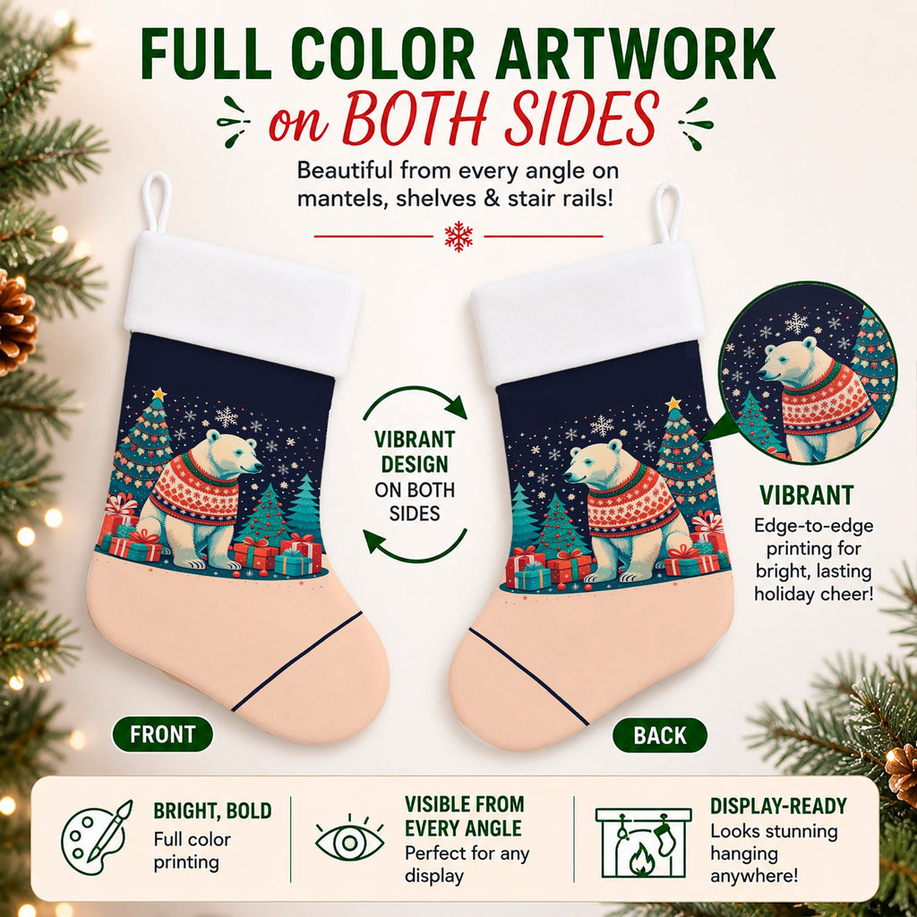 Polar Bear Christmas Holiday Stocking Double-Sided Print, Polyester Suede,11x18, Made in USA